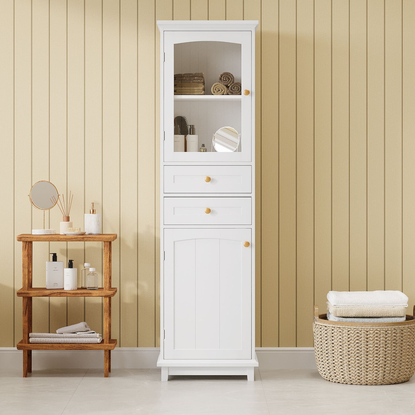Tall Bathroom Storage Cabinet With Glass Doors, Free-Standing, Two Drawers, And Adjustable Shelves, MDF Board, Painted Perfect For Displaying Your Favorite Items Hearth and Haven