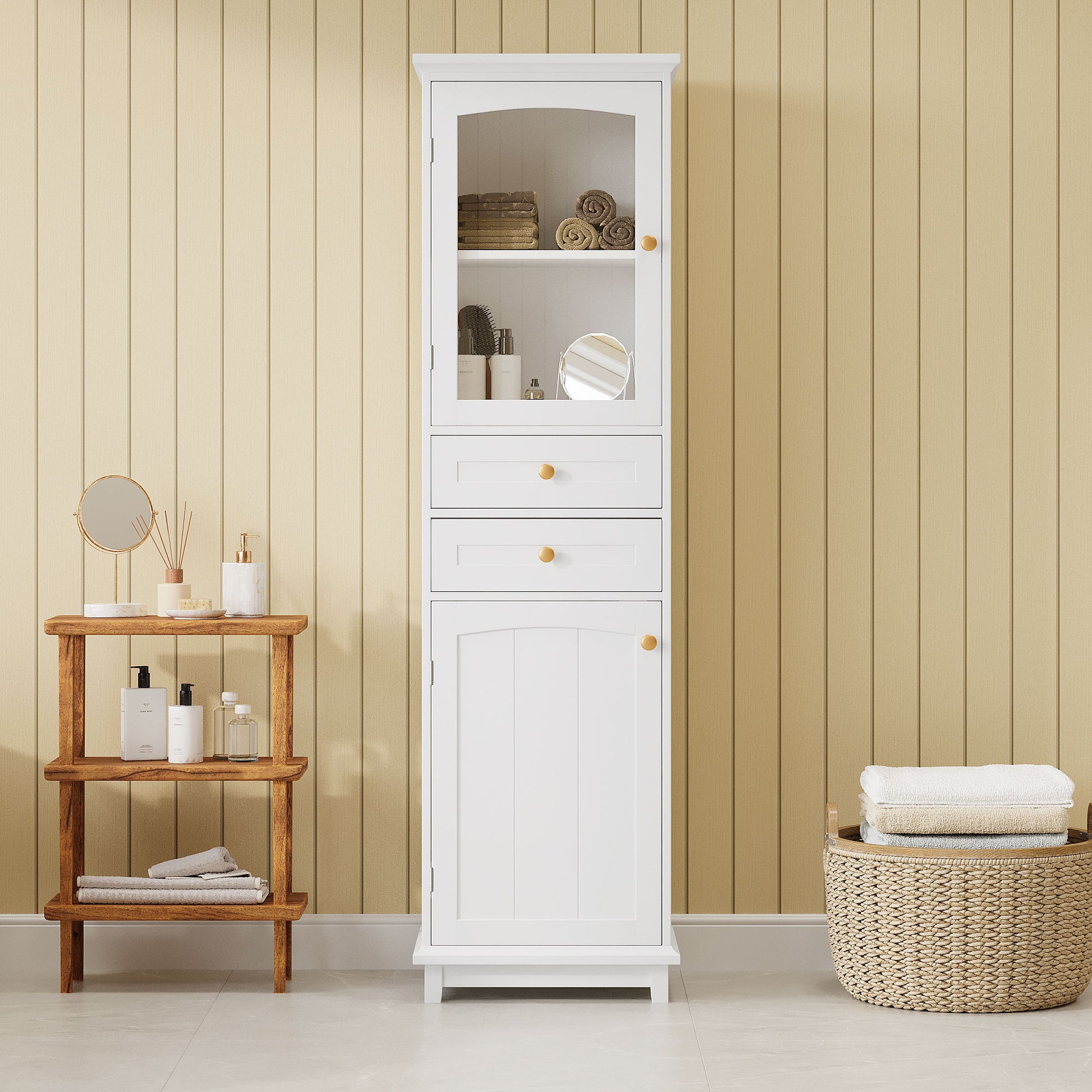 Tall Bathroom Storage Cabinet With Glass Doors, Free-Standing, Two Drawers, And Adjustable Shelves, MDF Board, Painted Perfect For Displaying Your Favorite Items Hearth and Haven