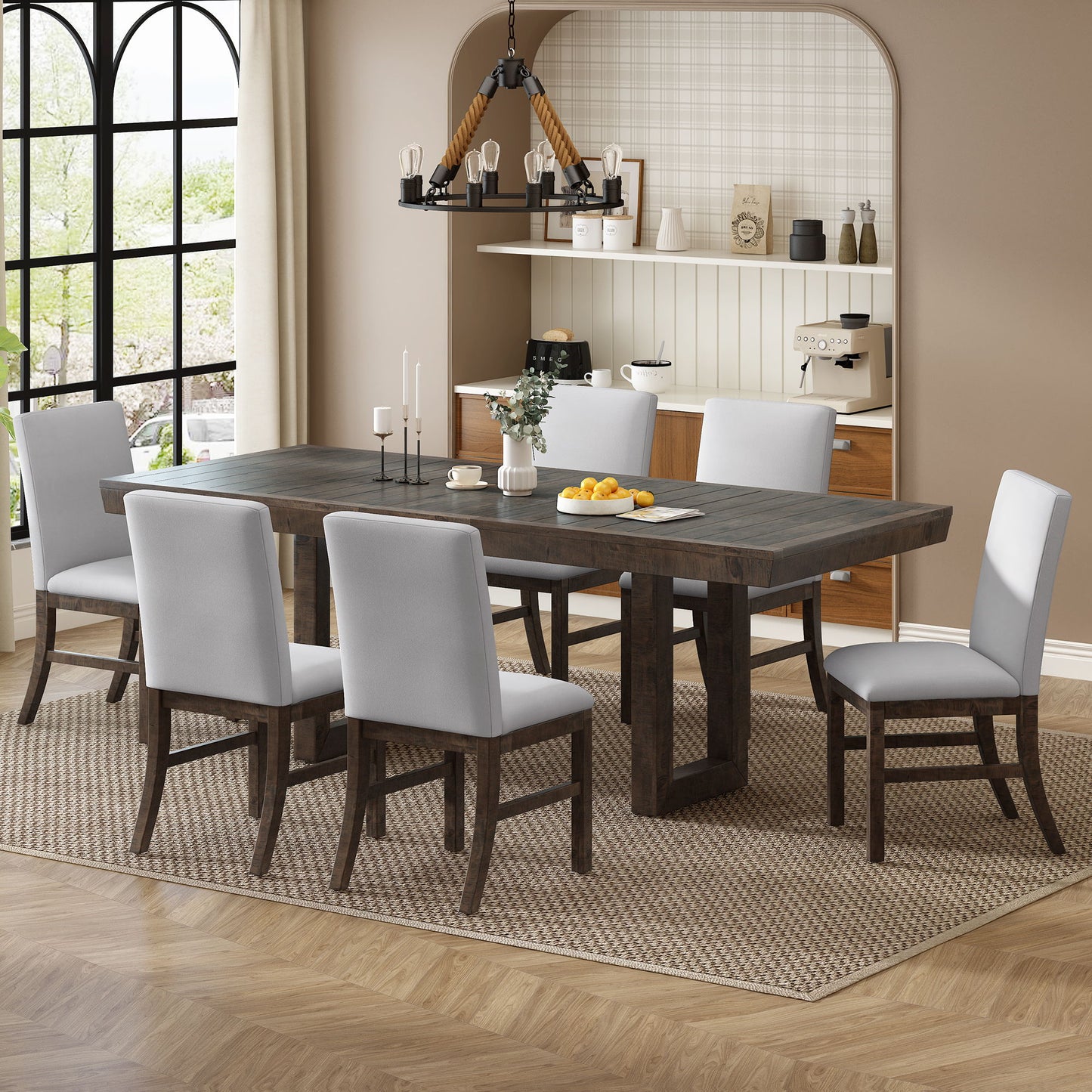 Topmax - 7 Piece Traditional Extendable Dining Table Set With Butterfly Leaf And 6 Upholstered Dining Table Set Hearth and Haven
