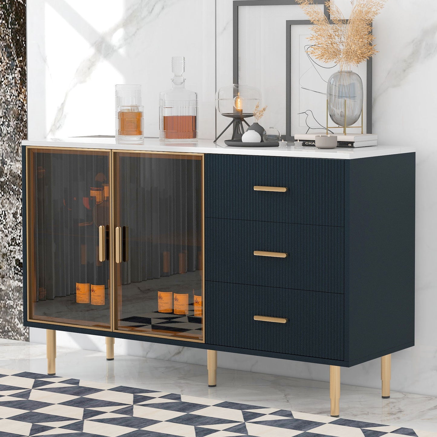 Modern Sideboard Buffet Cabinet Marble Sticker Tabletop And Amber-Yellow Tempered Glass Doors With Gold Metal Legs & Handles Hearth and Haven