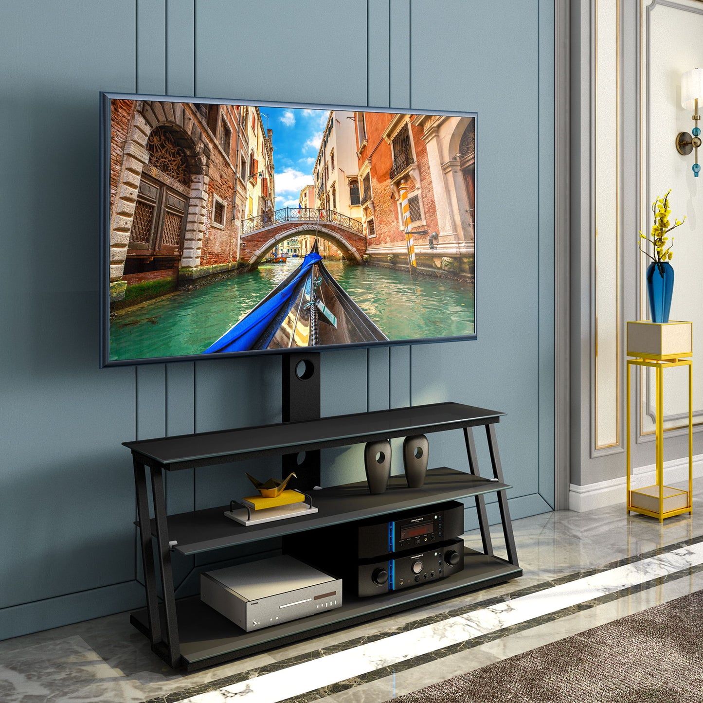 Multi-Function Angle And Height Adjustable Tempered Glass TV Stand - Black Home Essentials