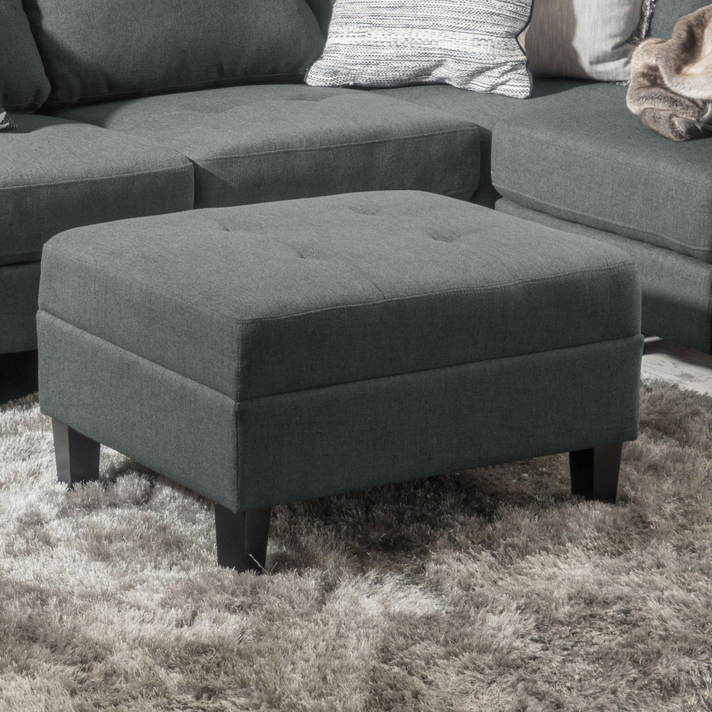 Classic Fabric Ottoman With Birch Wood Legs And High Quality Foam Padding - Charcoal Noble House
