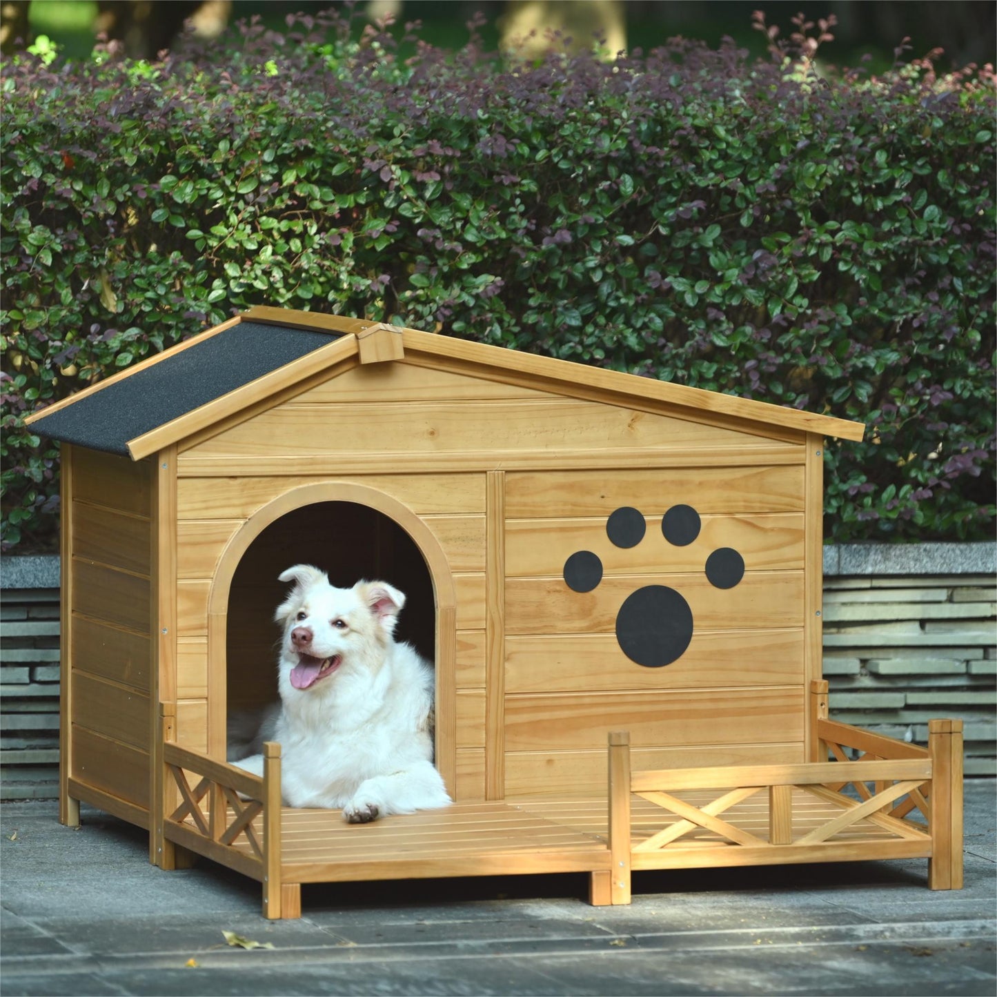 Wooden Dog House Outdoor With Porch, Dog Kennel With Water Resistant Asphalt Roof And Fencing, Indoor & Outdoor Dog Crate With Paw Print, Medium - Nature Daily Nest