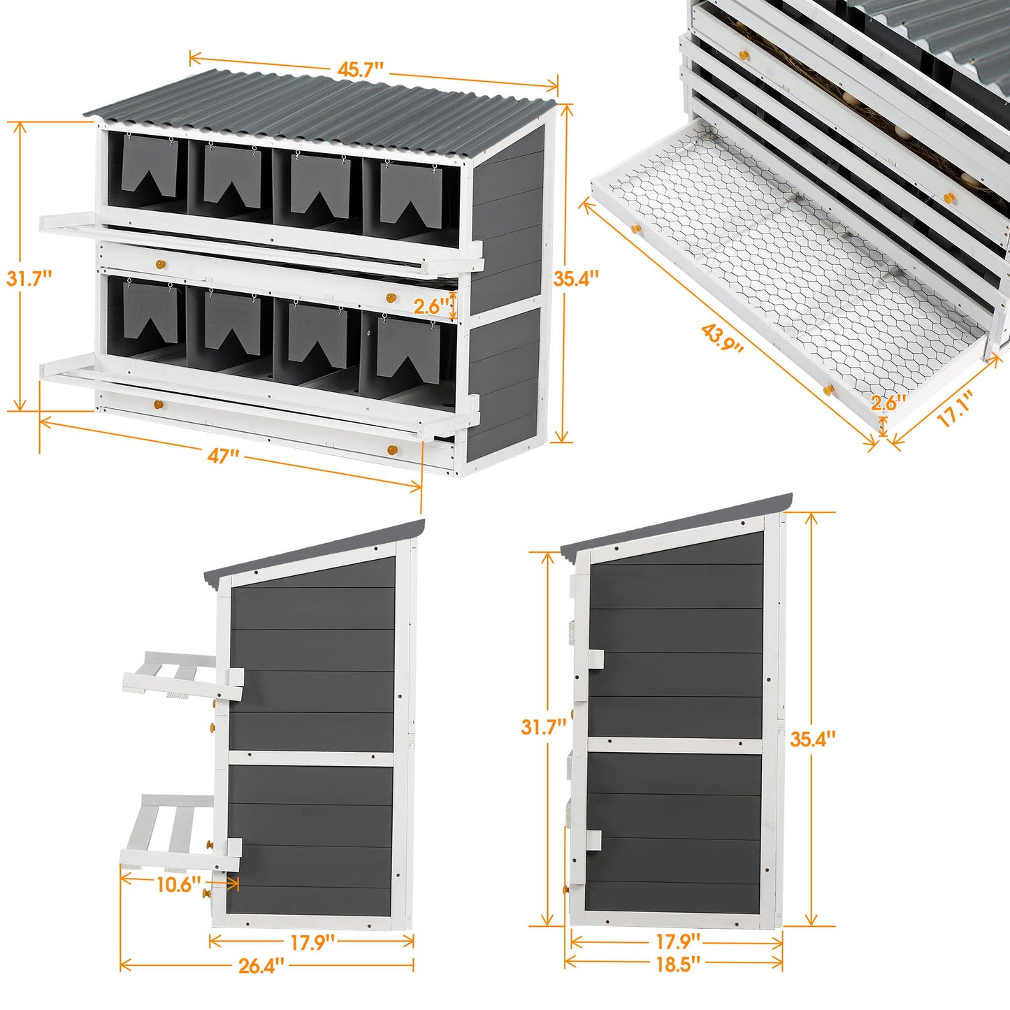Wooden Chicken Nesting Box With 2 Egg Collection Drawers - White / Gray Daily Nest