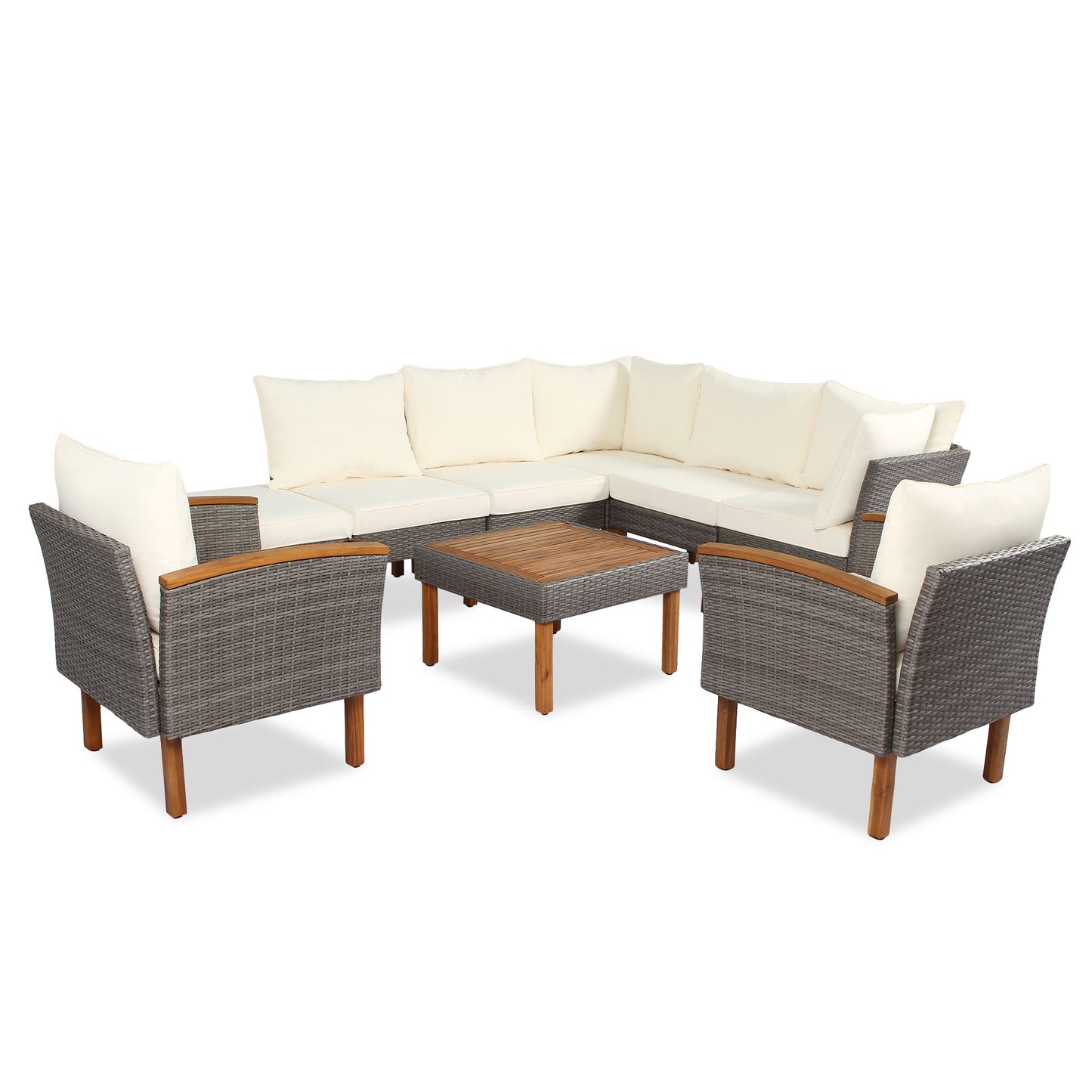9 Piece Patio Rattan Furniture Set, Outdoor Conversation Set With Acacia Wood Legs And Tabletop, PE Rattan Sectional Sofa Set With Coffee Table, Washable Cushion Hearth and Haven