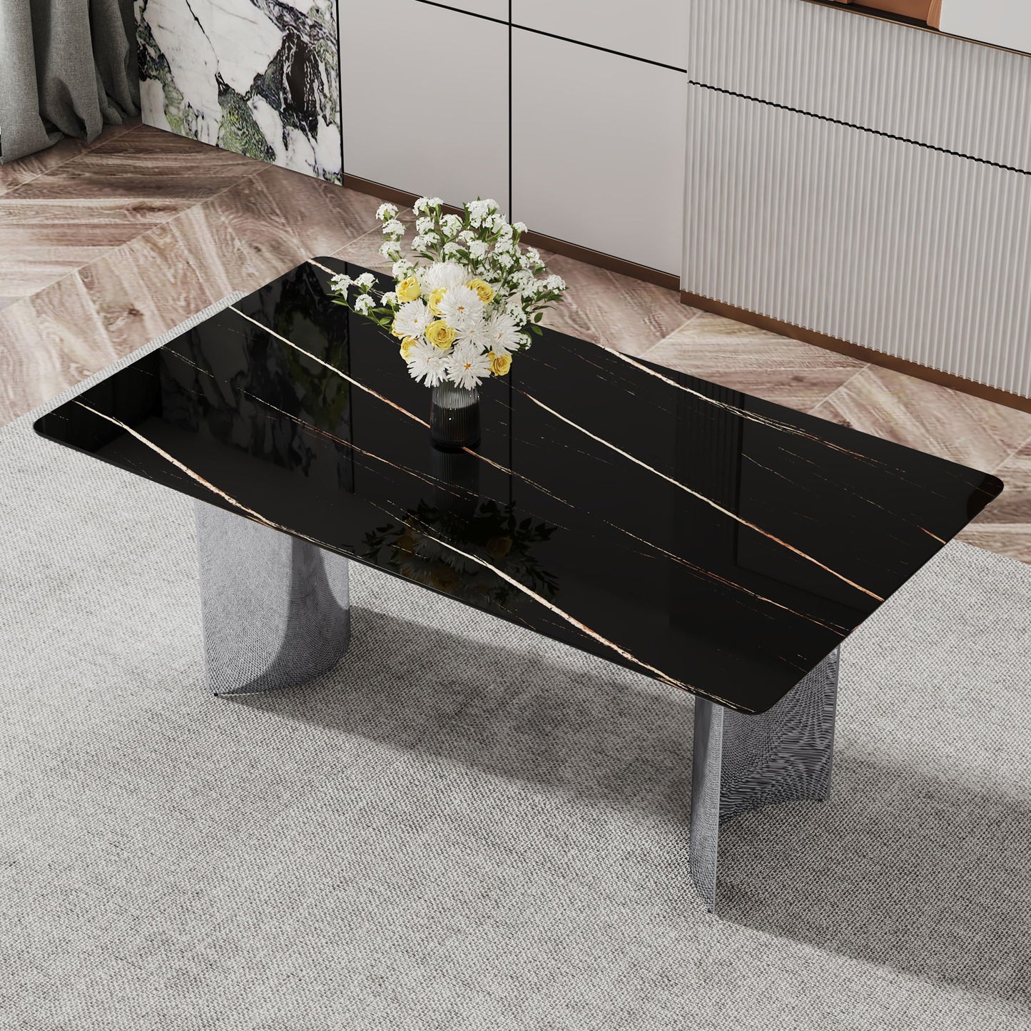 Modern Minimalist Dining Table With Imitation Marble Glass Desktop And Metal Legs Home Essentials