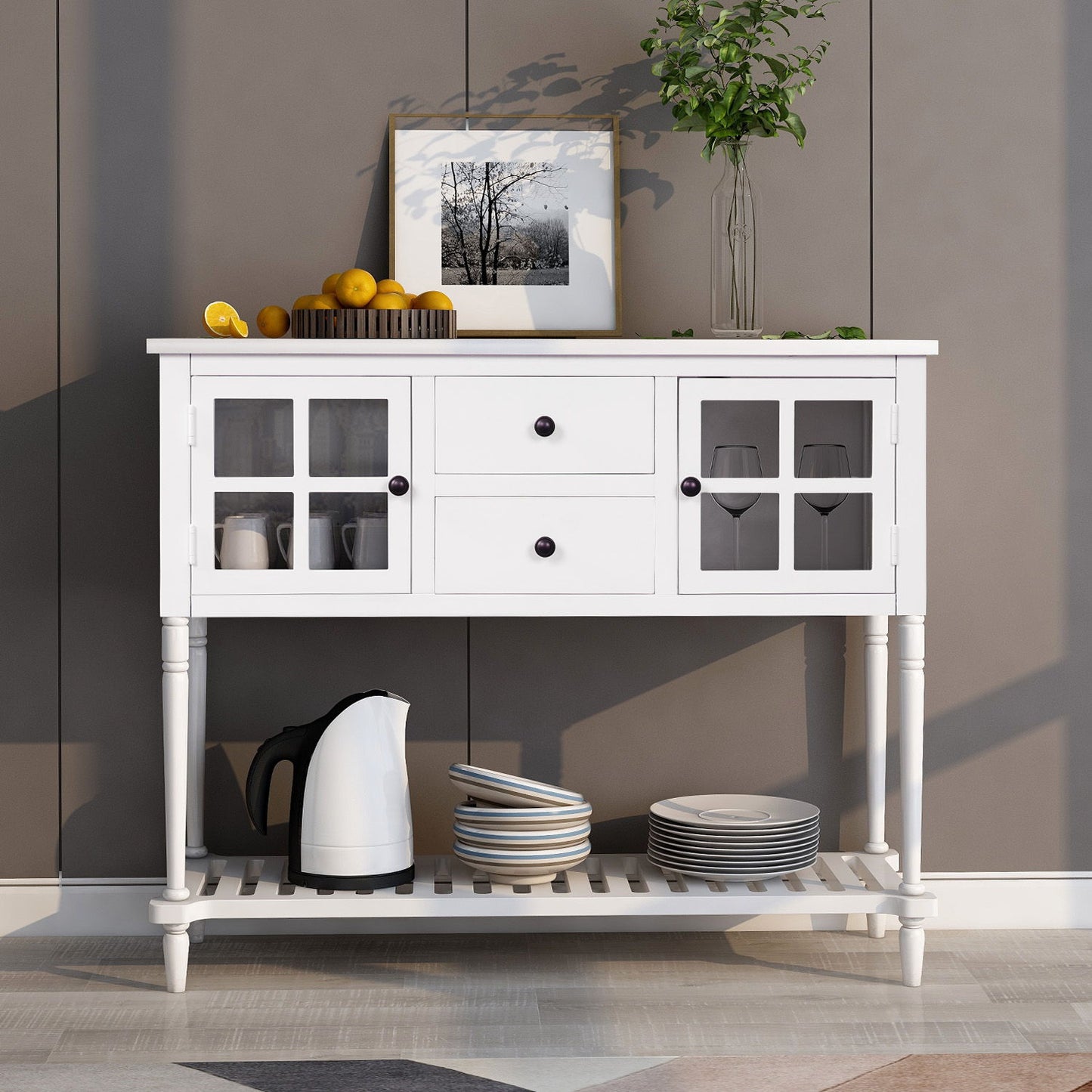 Hearth & Haven Stella Buffet Storage Cabinet With Bottom Shelf, White Hearth and Haven