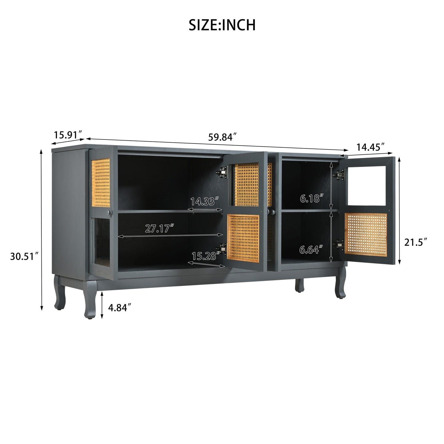 Retro Industrial 4 Door Sideboard With Large Storage, Rattan And Glass Doors Home Essentials