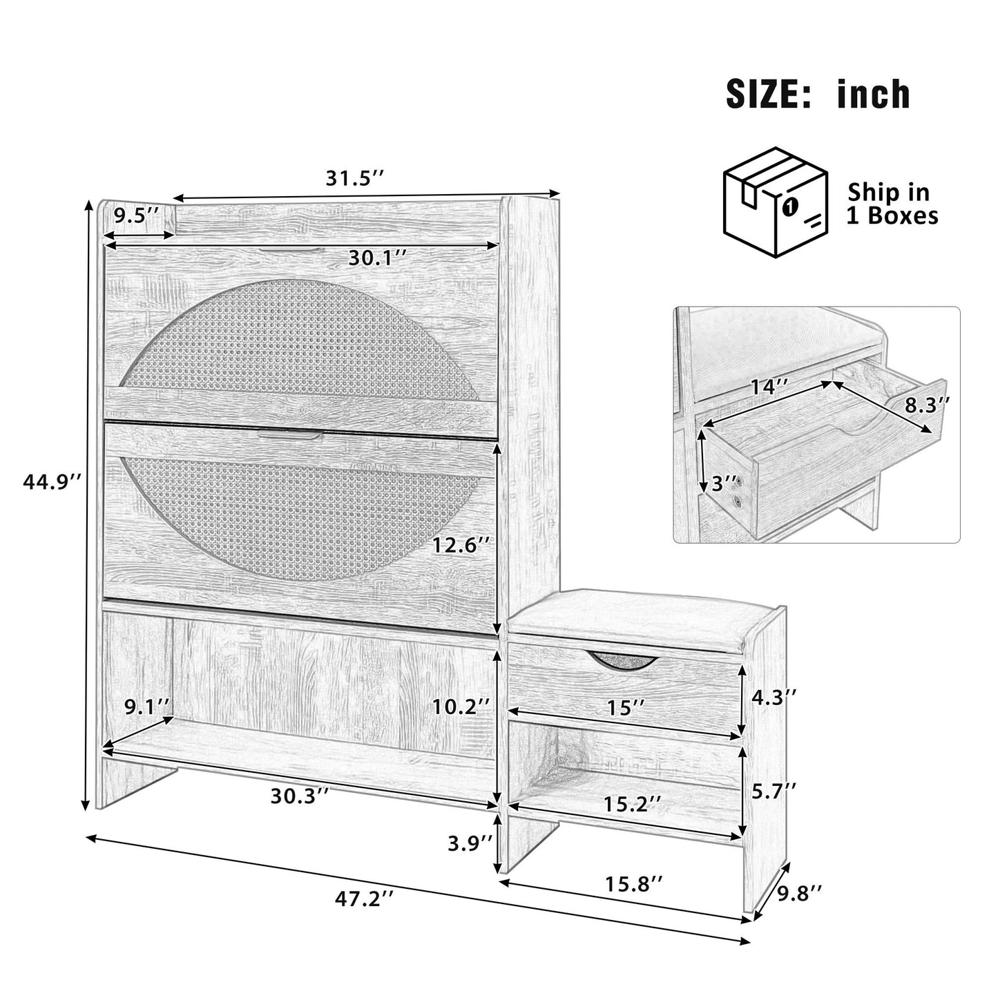 Shoe Storage Cabinet Rattan Shoe Storage Organizer With 2 Flip Drawers, A Storage Drawer And A Bench For Entryway, And Hallway - Light Brown Daily Nest