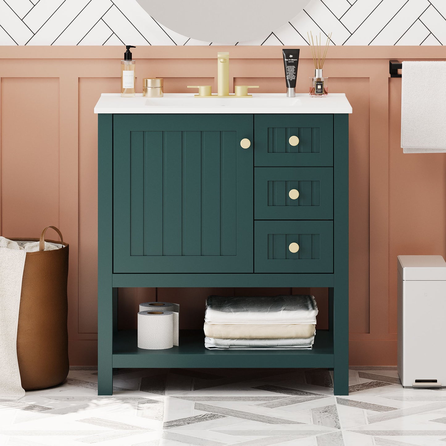 Transitional Style Bathroom Vanity Cabinet Combo With Ceramic Sink Hearth and Haven