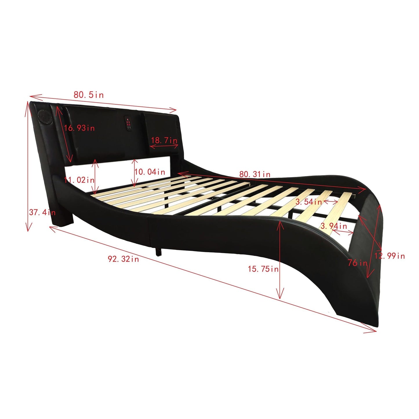 Upholstered Platform Bed Frame With LED Lighting, Bluetooth Connection To Play Music Control, Backrest Vibration Massage, Curve Design, Wood Slat Support, Exhibited Speakers Home Essentials
