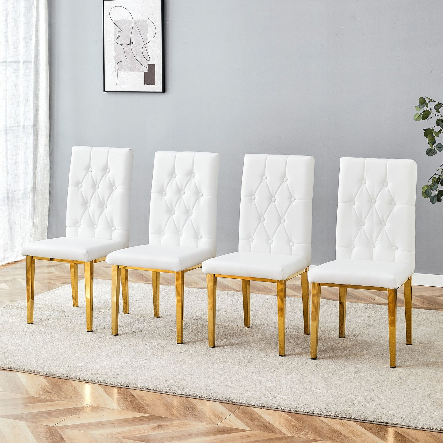Elegant Vintage Armless Dining Chairs Set With Grid Design And Metal Legs (Set of 4) - White / Gold Home Essentials