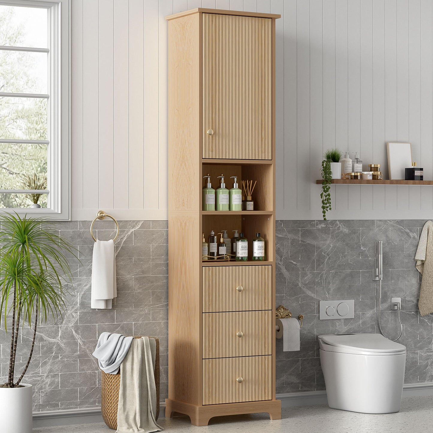 Tall Bathroom Cabinet With 1 Door, 3 Drawers, Open Storage - Wood Hearth and Haven