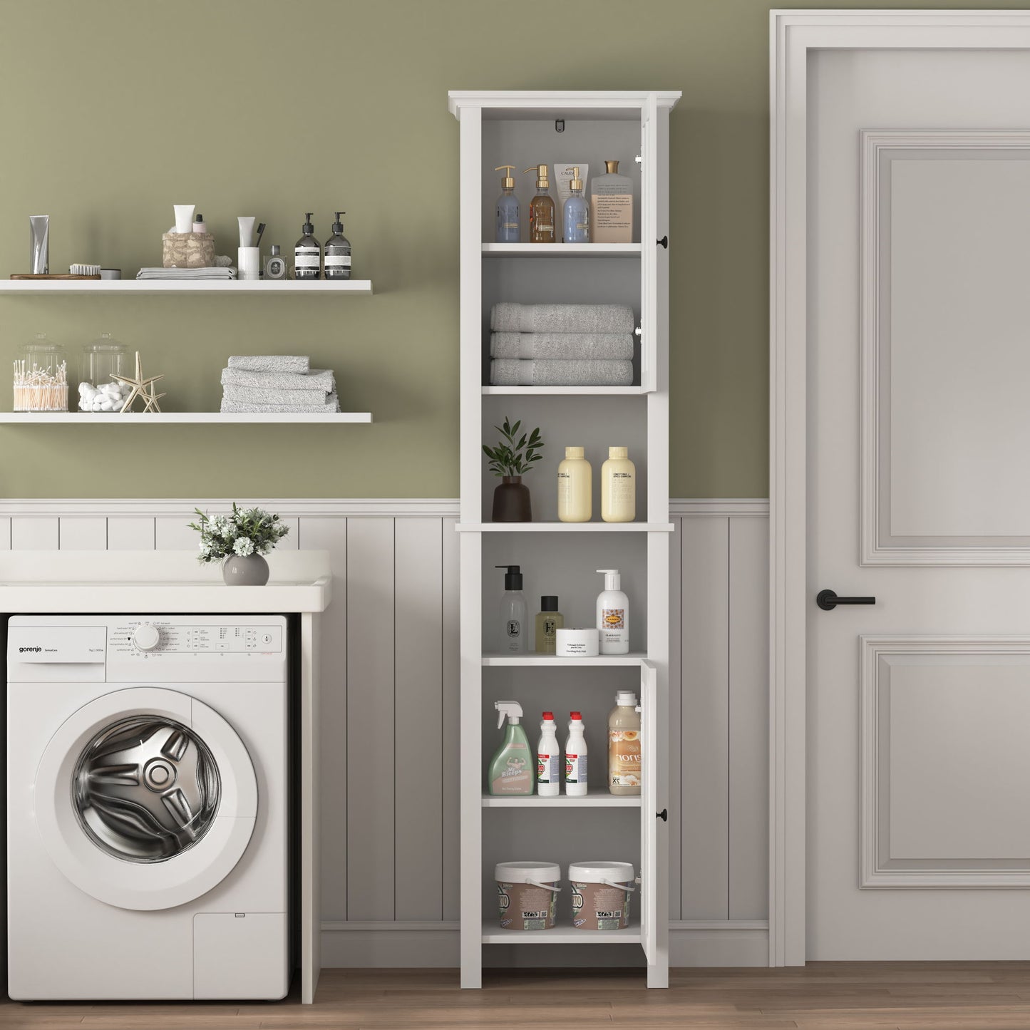 Wooden Bathroom Floor Storage Cabinet With 2 Doors And 6 Shelves - White Home Essentials