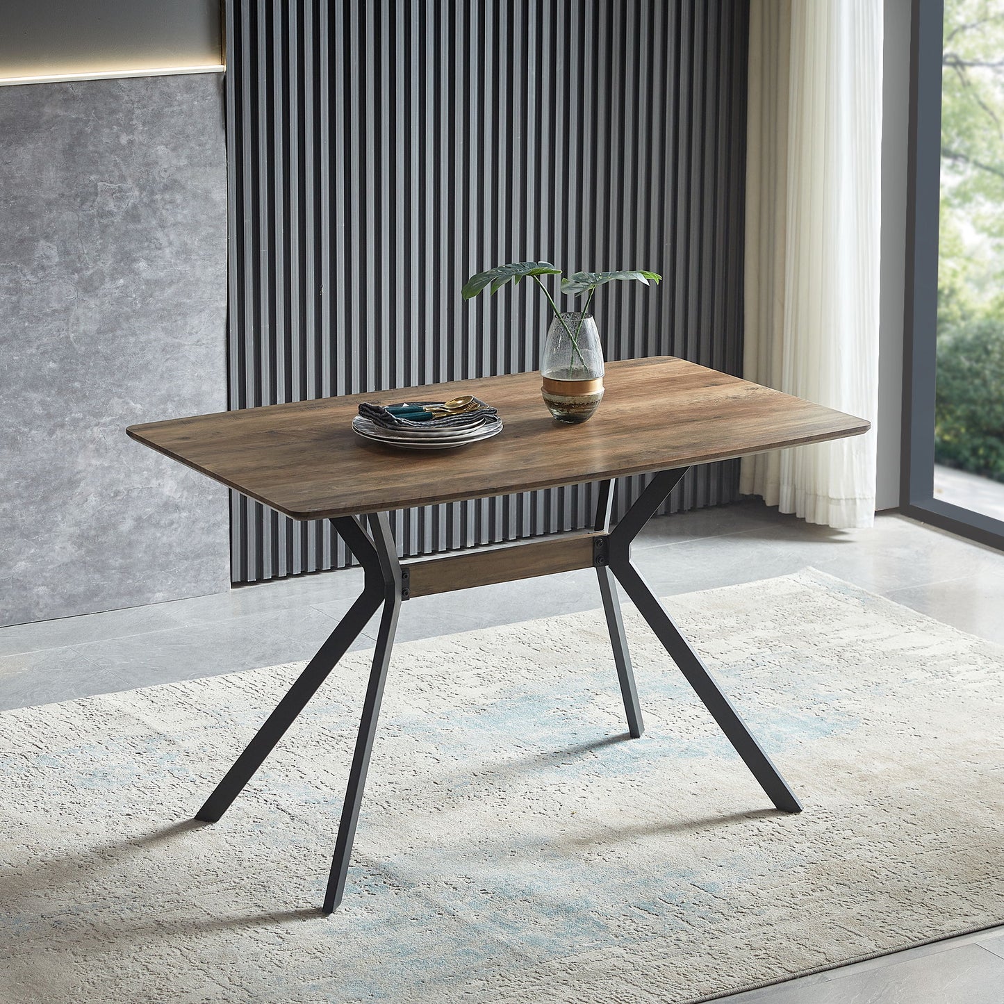 Modern Minimalist Style Dining Table MDF Wooden Top Metal Shelf Metal Heat Transfer Legs Leveling Feet For Dining Room Kitchen Office Table - Walnut / Black Home Essentials