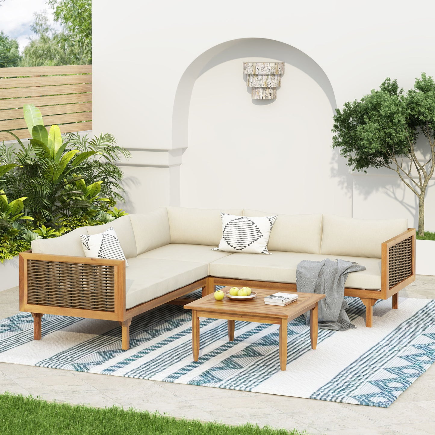 Premium Outdoor Sofa Set With Waterproof Cushions Sectional Seating Group With Acacia Wood And Wicker - Brown Mix / Beige Noble House