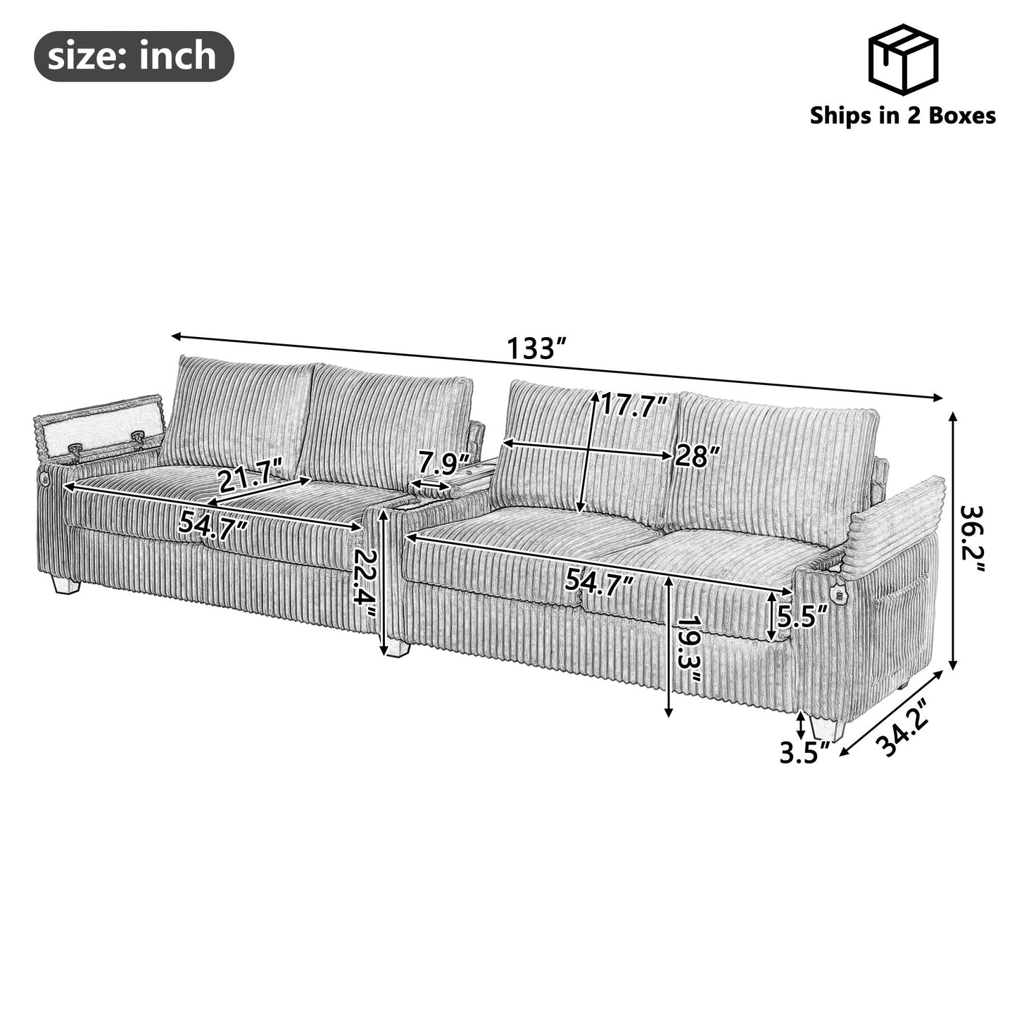 Modern 4 Seater Corduroy Sofa Couch With USB Ports And Hidden Storage Hearth and Haven