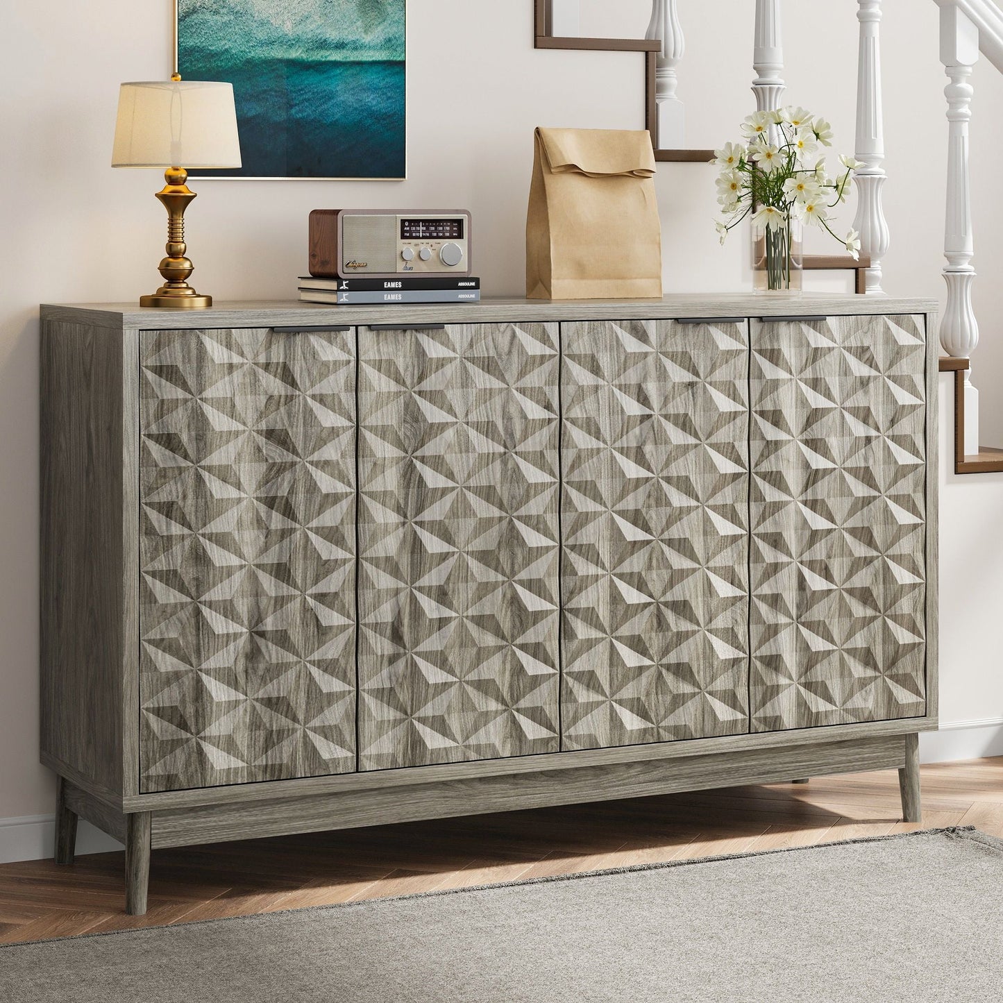 Modern Style Buffet Cabinet, Sideboard Buffet Cabinet With Storage, Storage Cabinet With 4 Diamond Shaped Relief Doors For Living Room, Dining Room, Entryway, Hallway, Kitchen - Gray - Gray Home Essentials
