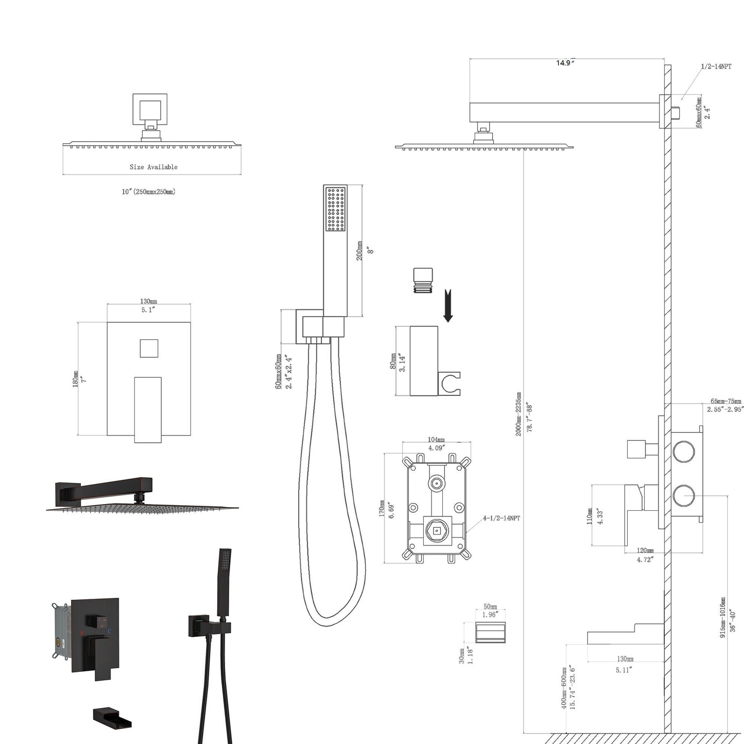 10" Wall Mounted Square Shower System With Rough In Valve Daily Nest
