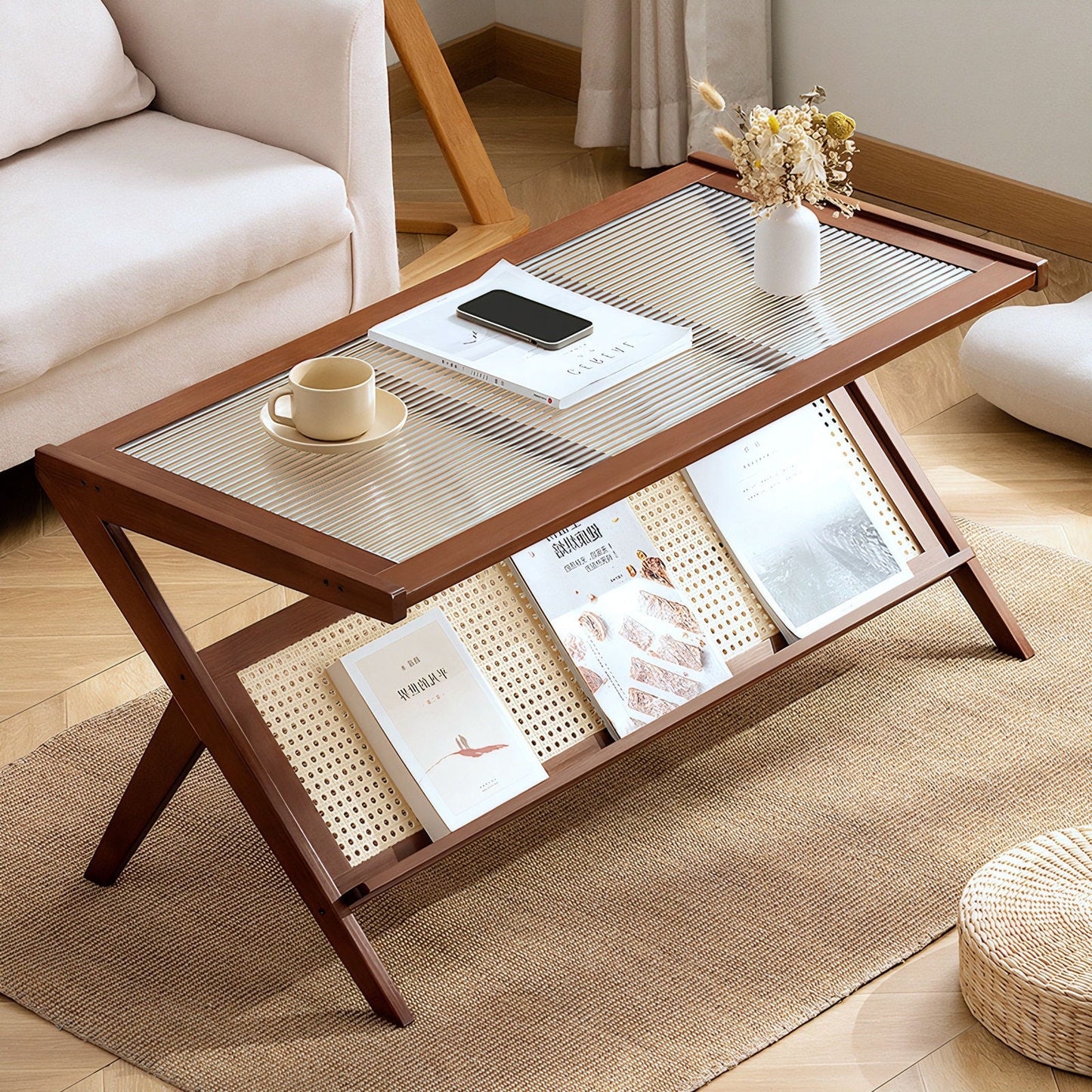 Rattan Coffee Tables For Living Room, Mid Century Modern Coffee Table With Glass Top, Large Boho Center Table With Storage - Brown Home Essentials