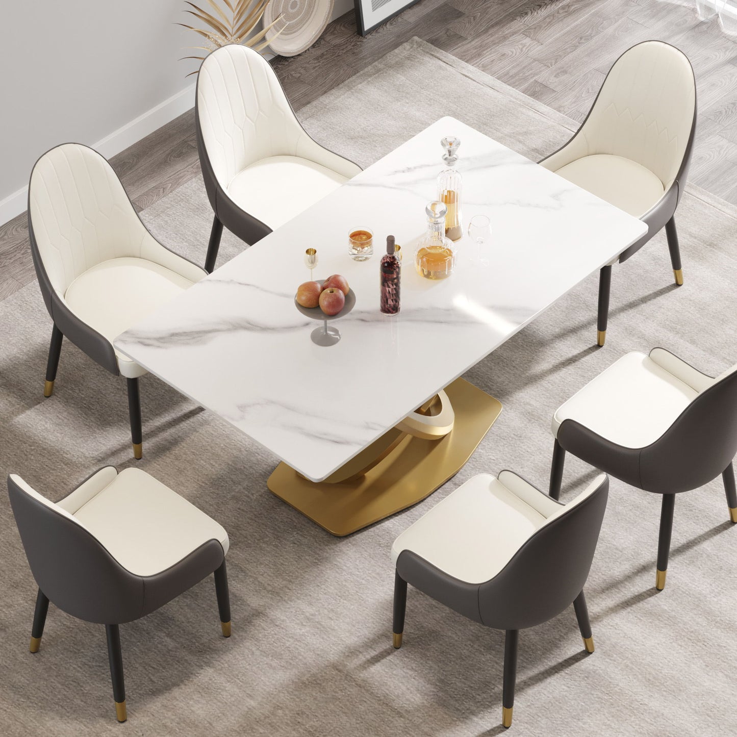 63" Modern Artificial Stone Panel Double-Ring Stainless Steel Metal Legs, Can Accommodate 6-8 People - White / Gold Home Essentials