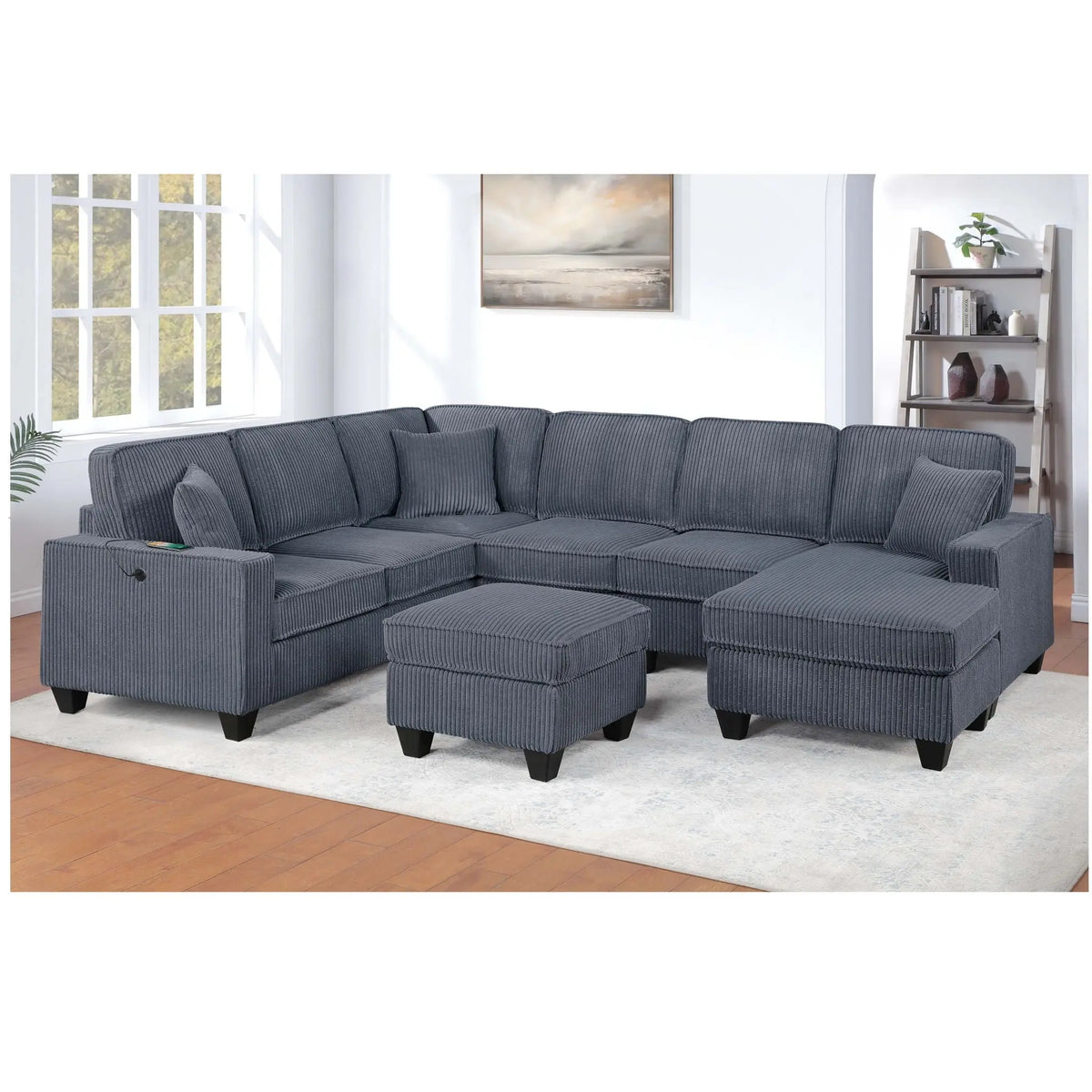 Left Arm Facing Loveseat With USB Port 5 Piece Sectional Set Corner Wedge Armless Chair Cocktail Ottoman Upholstered Living Room Furniture - Dark Gray Home Essentials