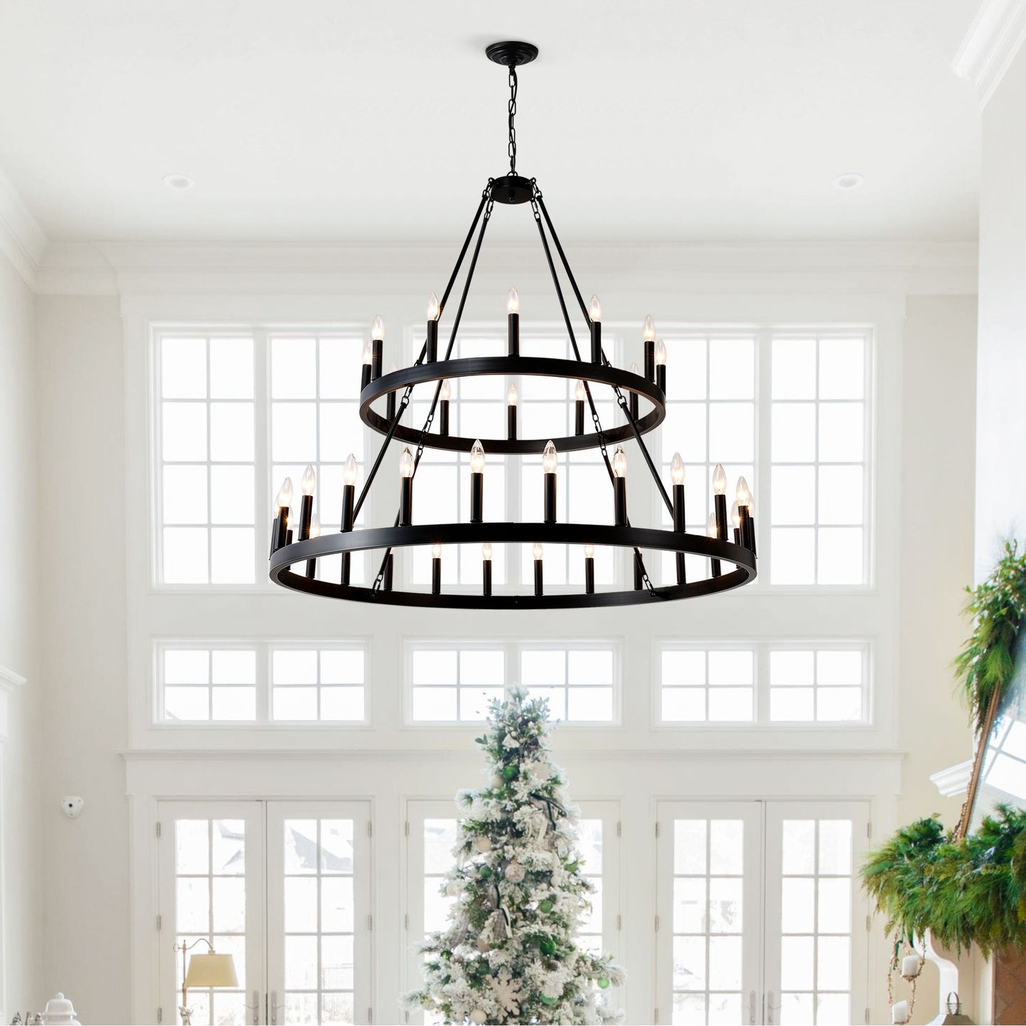2 Tiers Wagon Wheel Chandelier Wooden Farmhouse 36 Light (24 / 12) Or (12 / 24) Metal Chandeliers 2 Story Light Fixtures Industrial For High Ceiling Living Dining Room Foyer, Adjustable Height - Black Daily Nest