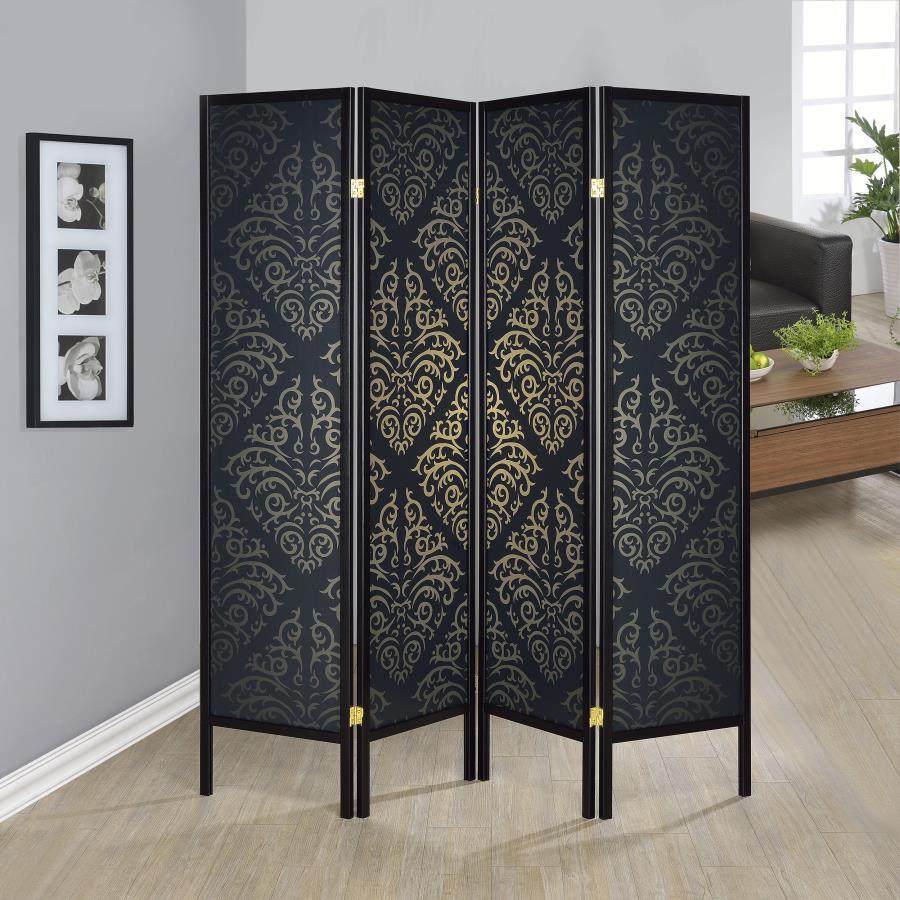 Haidera - 4-Panel Room Divider Folding Screen - Black Damask CoasterEveryday