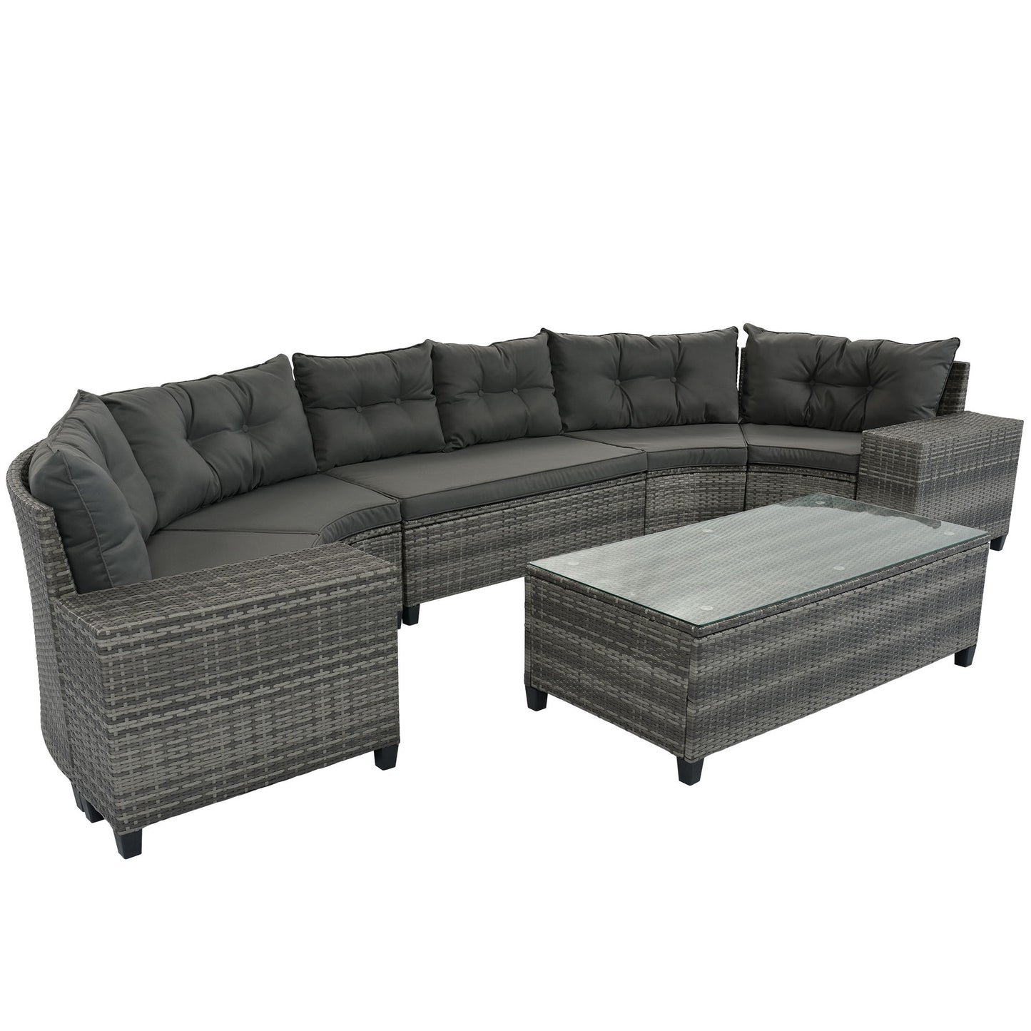 8 Pieces Outdoor Wicker Round Sofa Set, Half-Moon Sectional Sets All Weather, Curved Sofa Set With Rectangular Coffee Table, PE Rattan Water-Resistant And UV Protected, Movable Cushion Hearth and Haven
