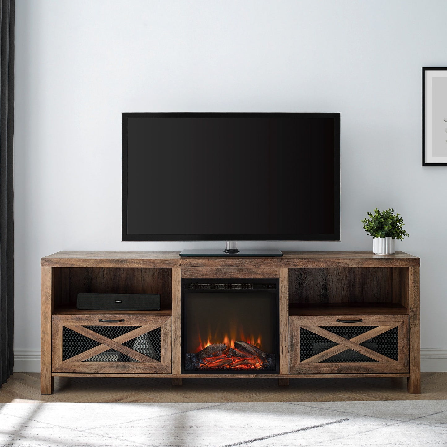 Industrial Farmhouse Metal Mesh Drop Down X Door Fireplace TV Stand Walker Edison