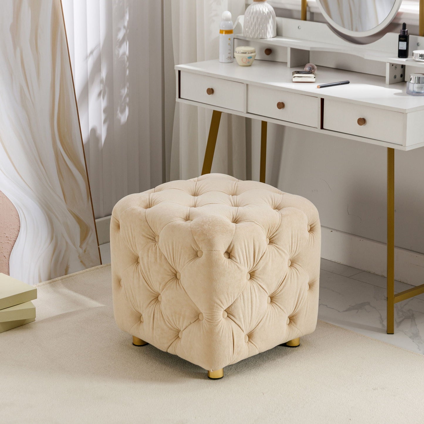 Modern Velvet Upholstered Ottoman, Exquisite Small End Table, Soft Foot Stool, Dressing Makeup Chair, Comfortable Seat For Living Room, Bedroom, Entrance Home Essentials