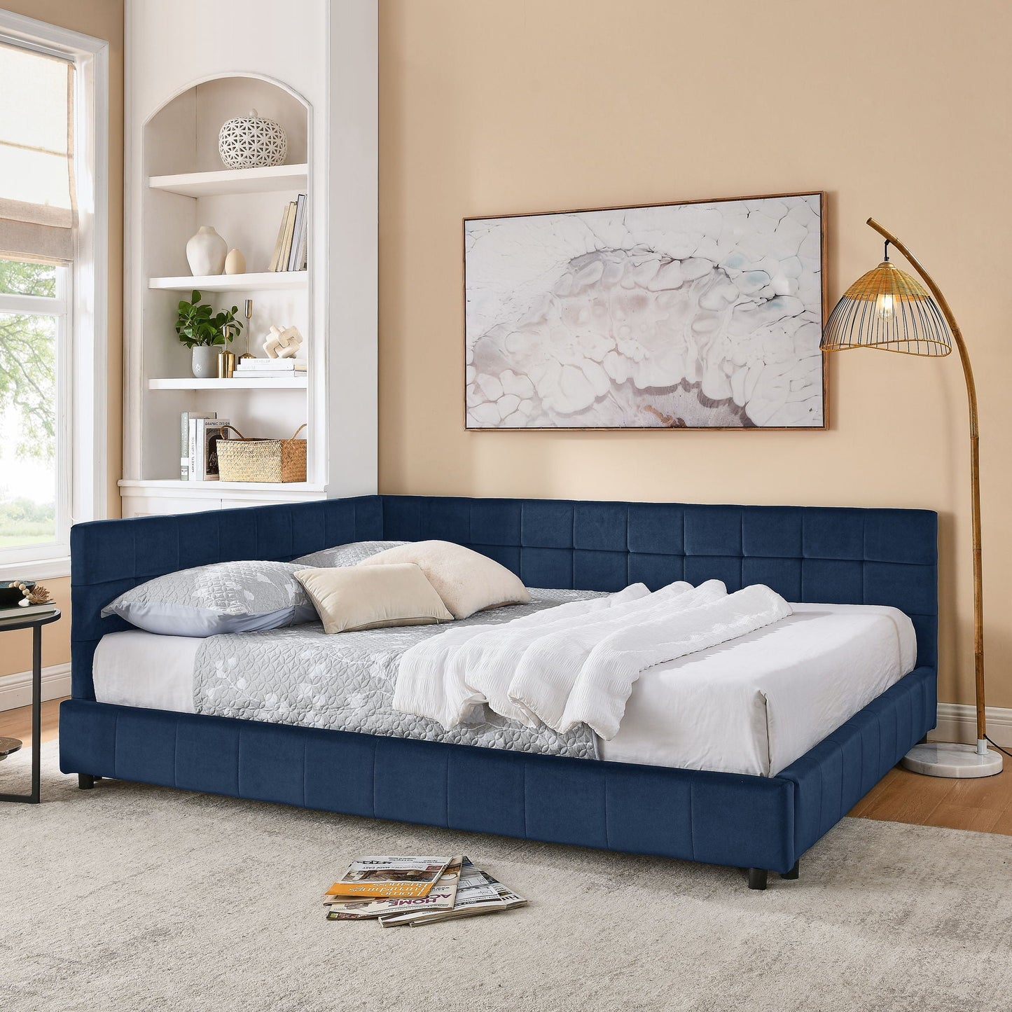 Mid-Century Storage Upholstered Tufted Bed Frame With Backrest And Armrests Home Essentials