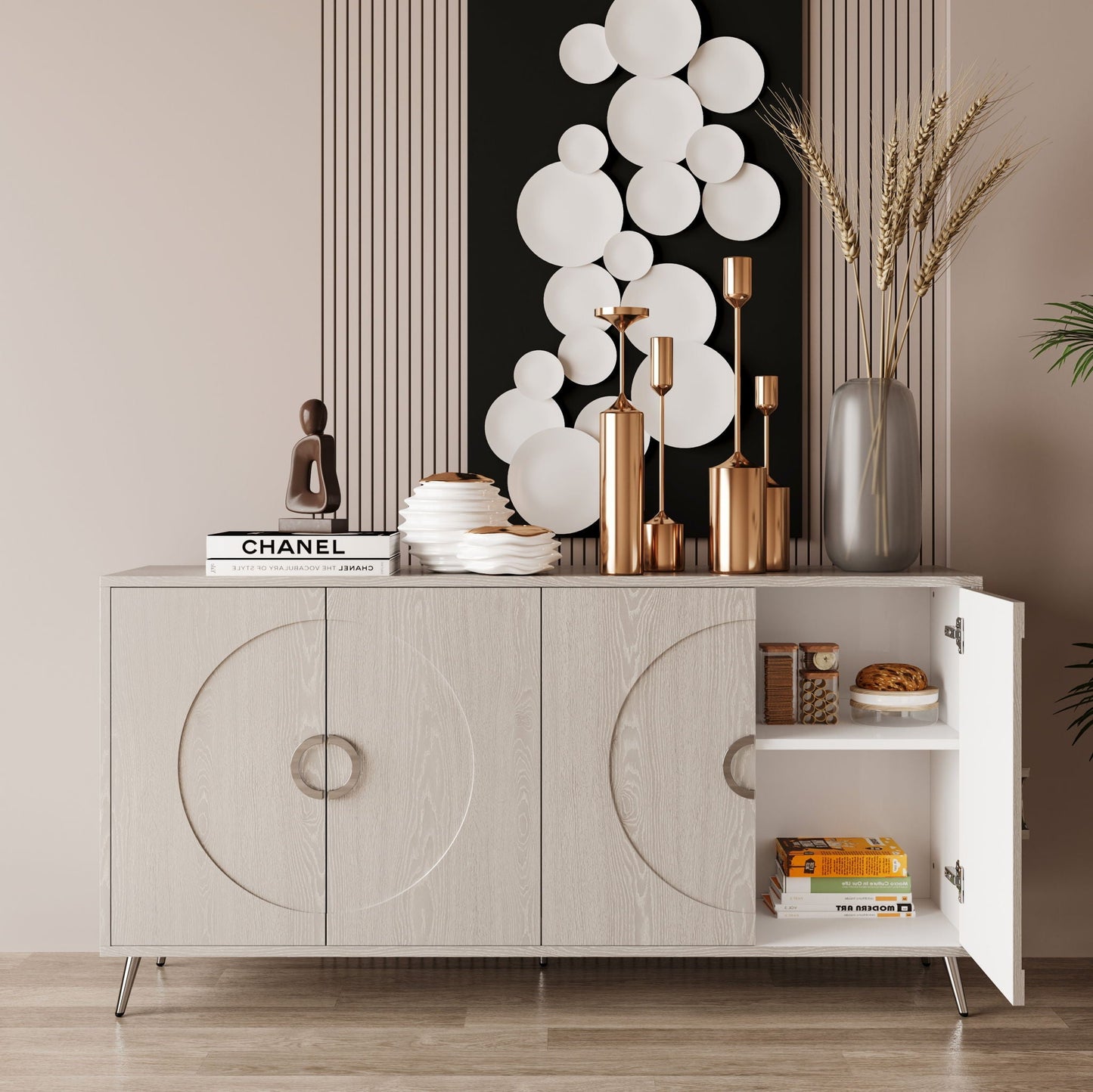 Modern Lacquered 4 Door Wooden Cabinet Sideboard Buffet Server Cabinet Storage Cabinet, For Living Room, Entryway, Hallway, Office, Kitchen And Dining Room Home Essentials