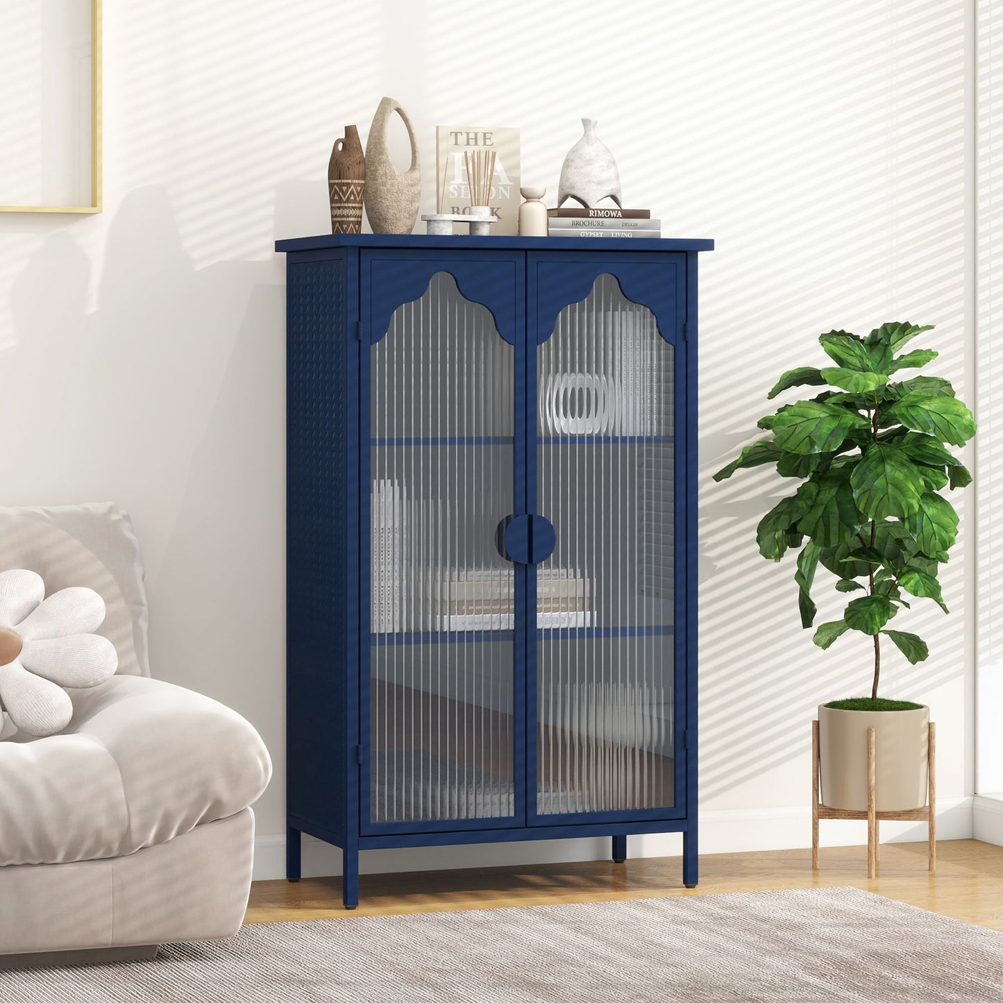 2 Doors Metal Storage Cabinet Display Cabinet With Glass Doors Metal Kitchen Sideboard Buffet Cabinet Glass Storage Cabinet For Dining Room Living Room Bedroom - Dark Blue Home Essentials