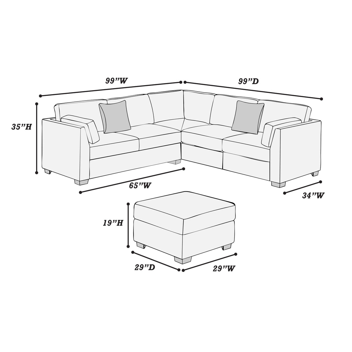 Contemporary L - Sectional Sofa Set With Ottoman And Pillows Home Essentials
