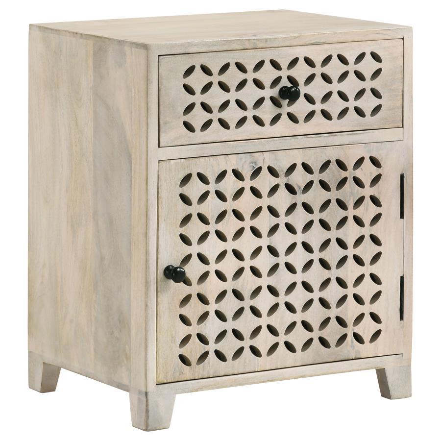 August - 1-Drawer Trellis Pattern Storage Cabinet - White Washed CoasterEssence