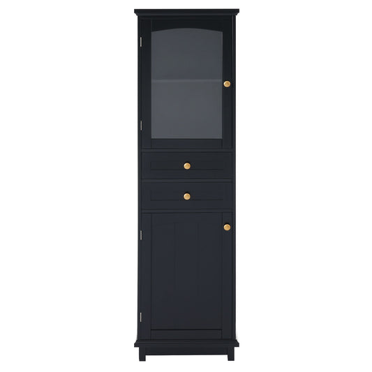 Tall Bathroom Storage Cabinet With Glass Doors, Free-Standing, Two Drawers, And Adjustable Shelves, MDF Board, Painted Perfect For Displaying Your Favorite Items Hearth and Haven