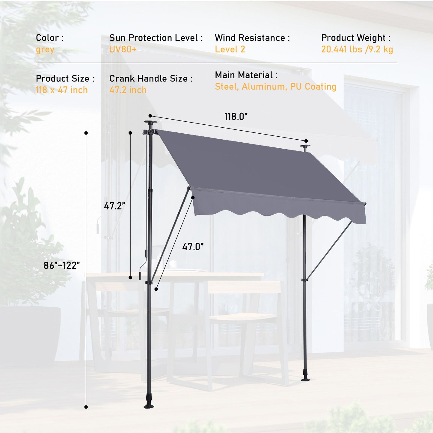 Manual Retractable Patio Awning, UV Resistant Polyester Sun Shade With No Drill Installation Home Essentials