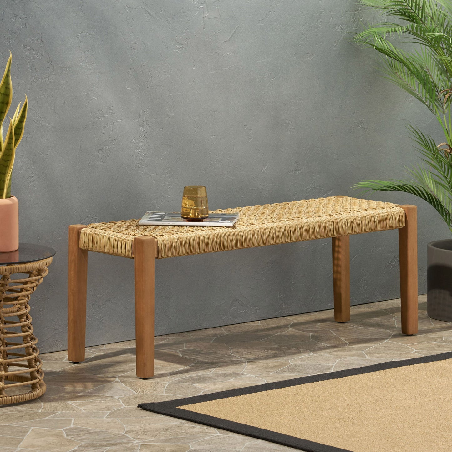 Angie - Bench Outdoor Seating Acacia Wood Faux Rattan - Teak Noble House