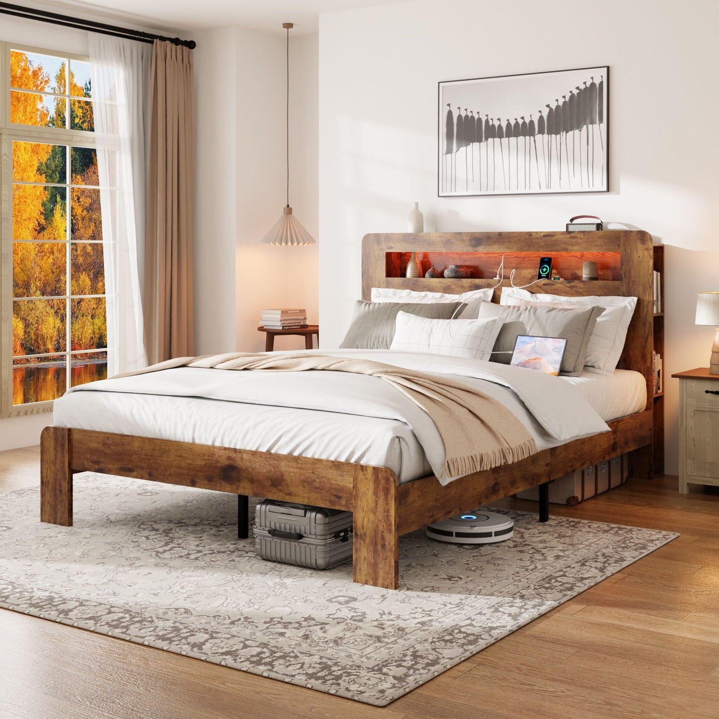 Wood Platform Bed Frame With Storage LED Light Headboard & USB Home Essentials