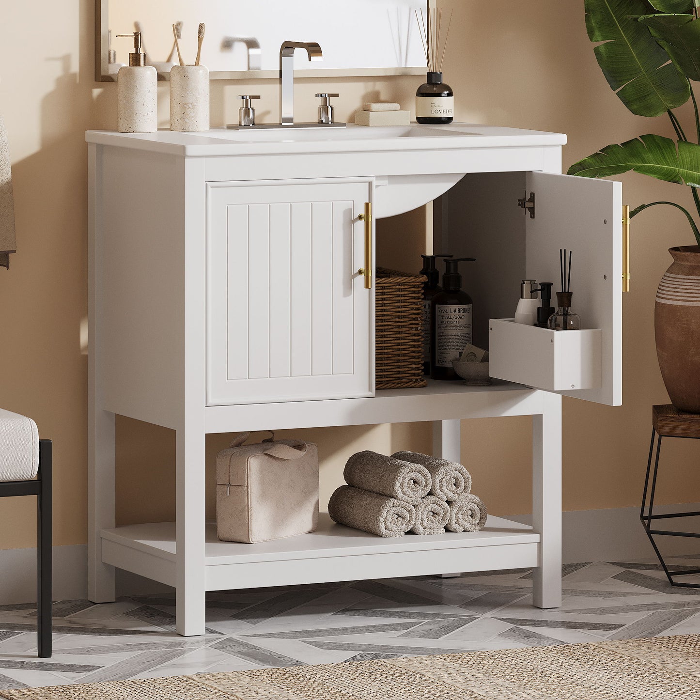 Elegant Bathroom Vanity With Ceramic Sink And Versatile Storage Hearth and Haven