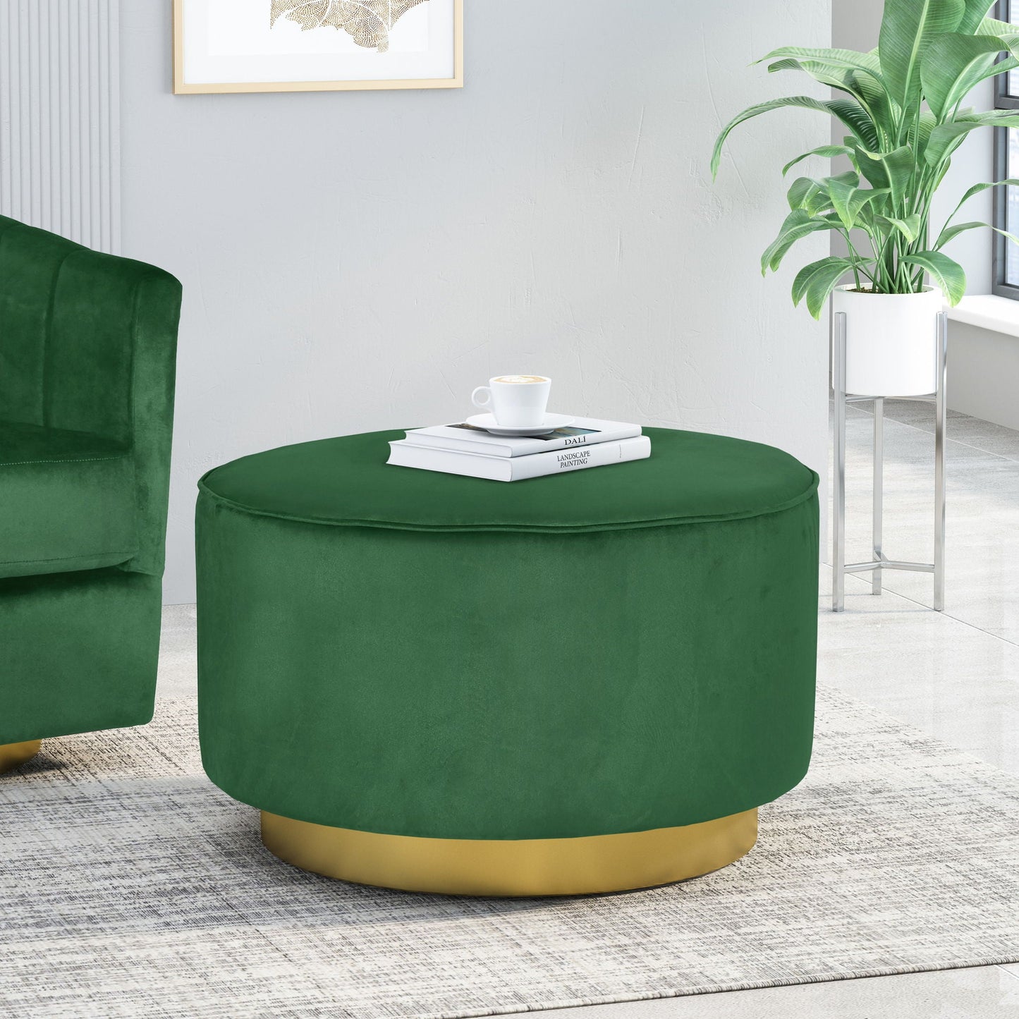 Round Velvet Ottoman, Upholstered Foot Stool For Living Room, Entryway - Emerald Noble House