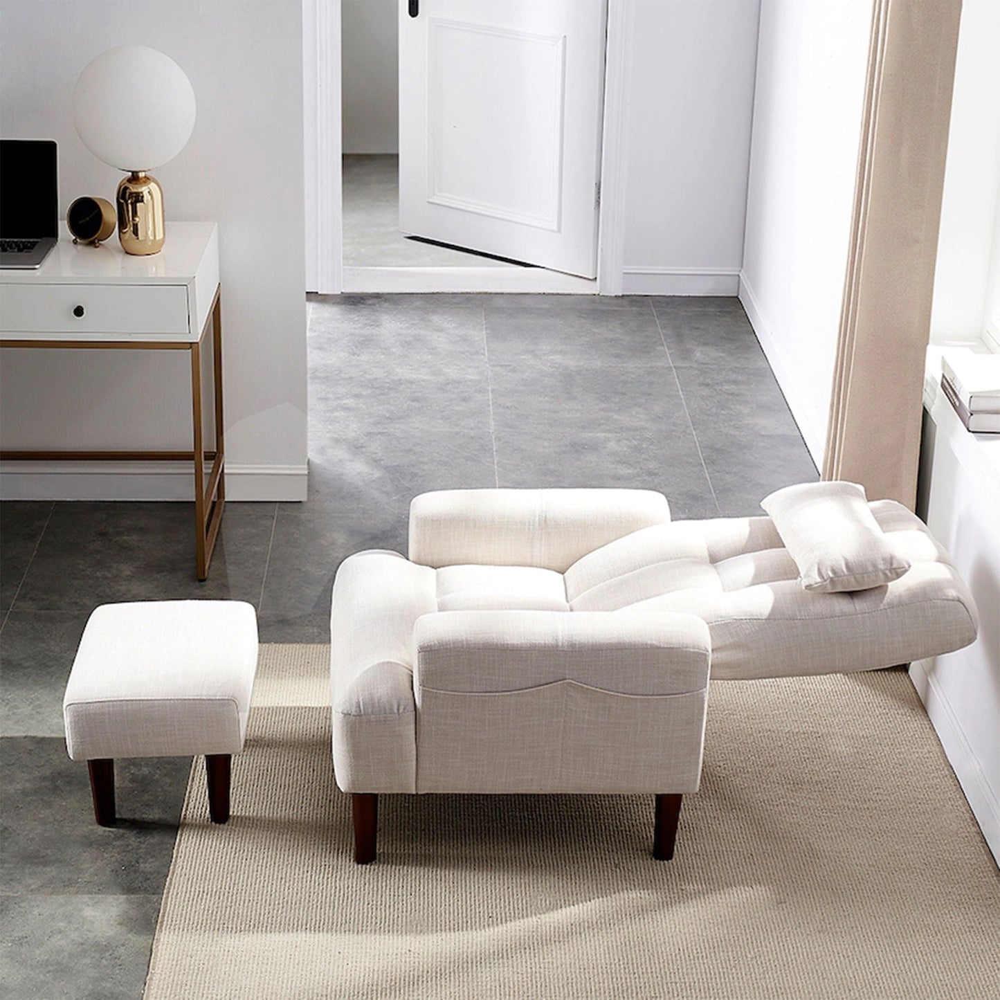 Living Room Sofa Single Chair And Ottoman, Modern Multi-Function Fabric Living Room Sofa Lounge Chair Bed And Stool. Soft Leisure Single Chair Adjustable Into 5 Angles With Sofa Bed Home Essentials