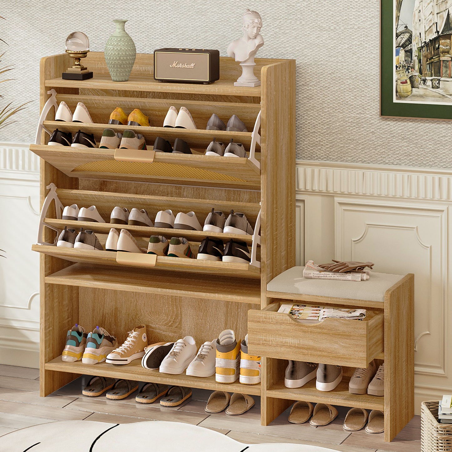 Shoe Storage Cabinet Rattan Shoe Storage Organizer With 2 Flip Drawers, A Storage Drawer And A Bench For Entryway, And Hallway - Light Brown Daily Nest