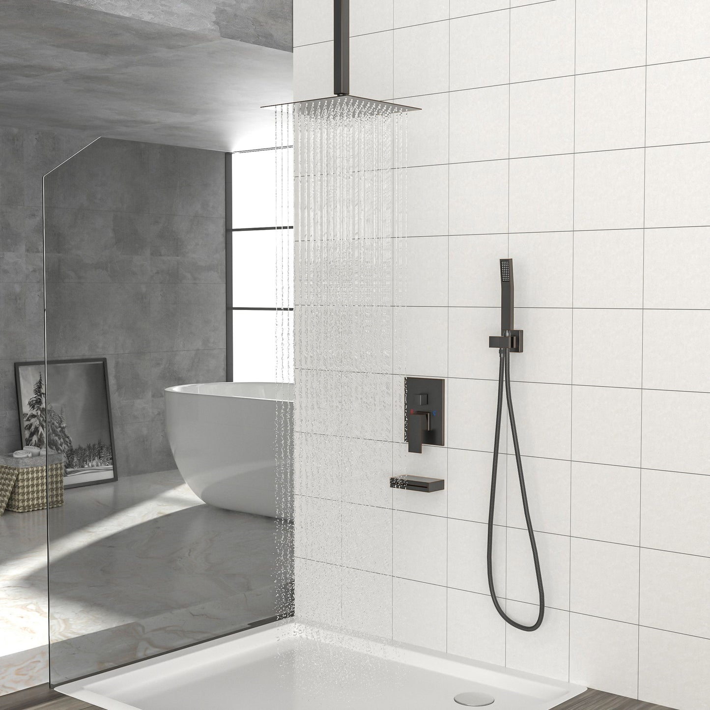 Shower System With Waterfall Tub Spout And 12" Ceiling Mount Square Shower Head - Oil-Rubbed Bronze Daily Nest