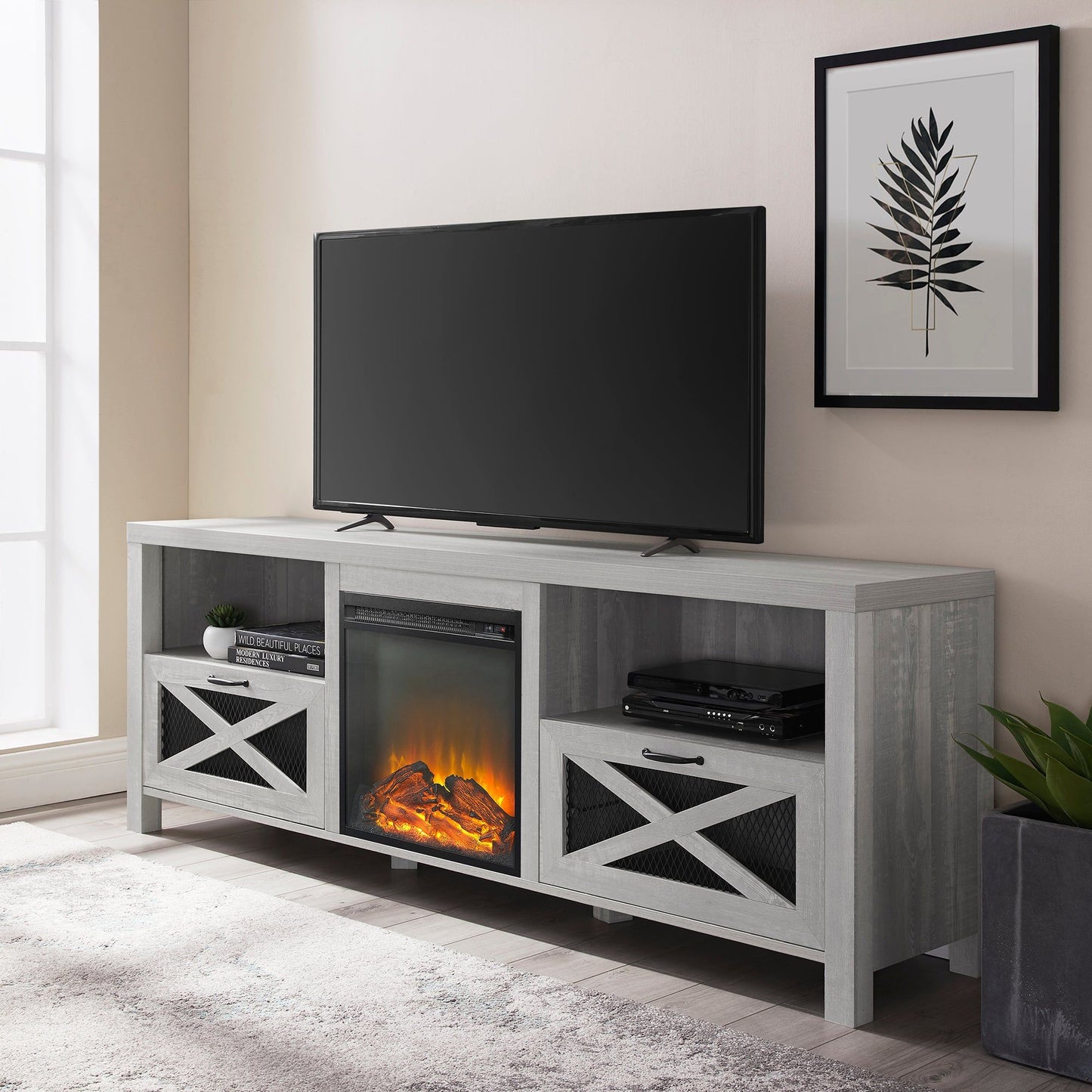 Industrial Farmhouse Metal Mesh Drop Down X Door Fireplace TV Stand Walker Edison