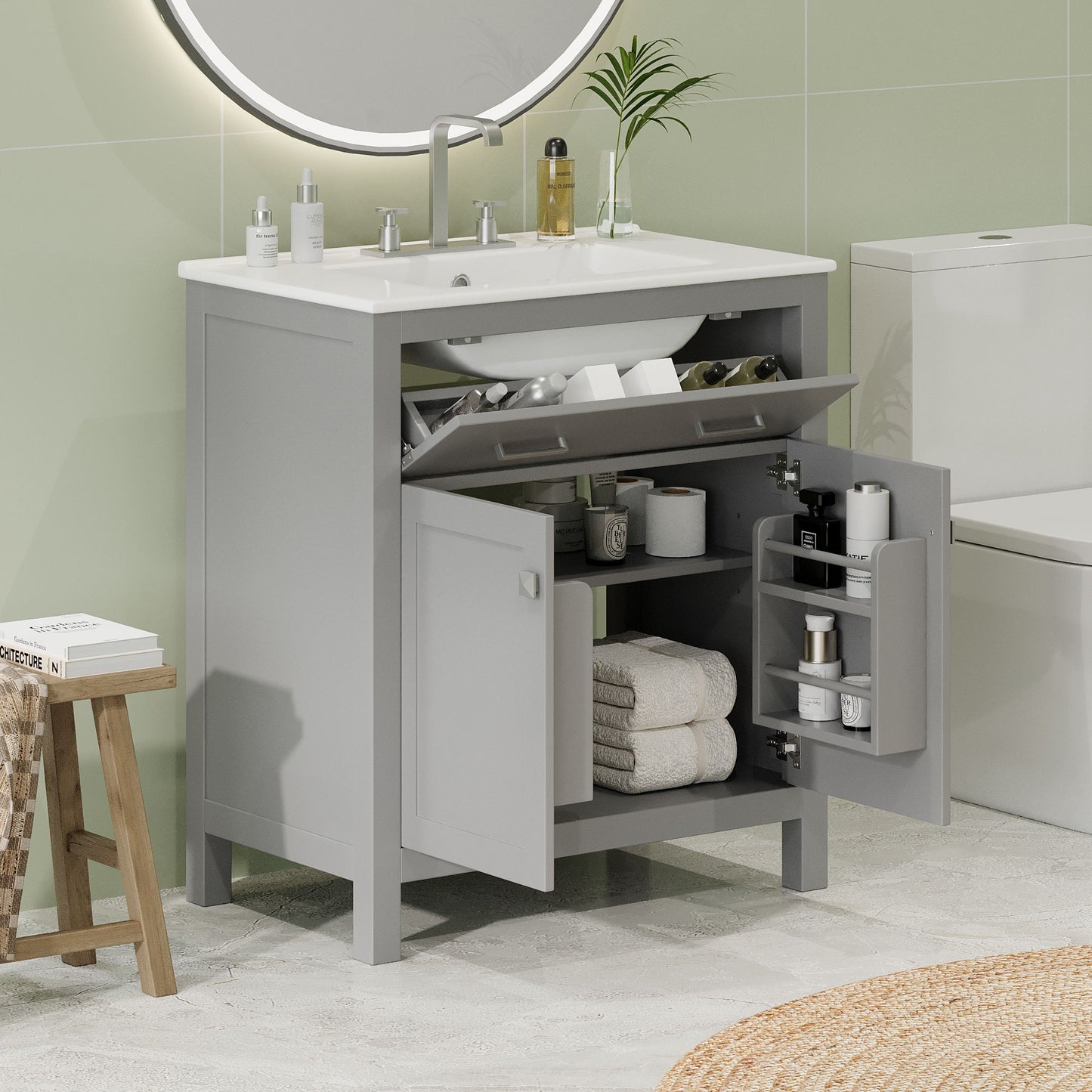 Bathroom Vanity With Ceramic Sink, Modern Single Bathroom Cabinet With 2 Doors And A Shelf, Soft Close Doors Hearth and Haven