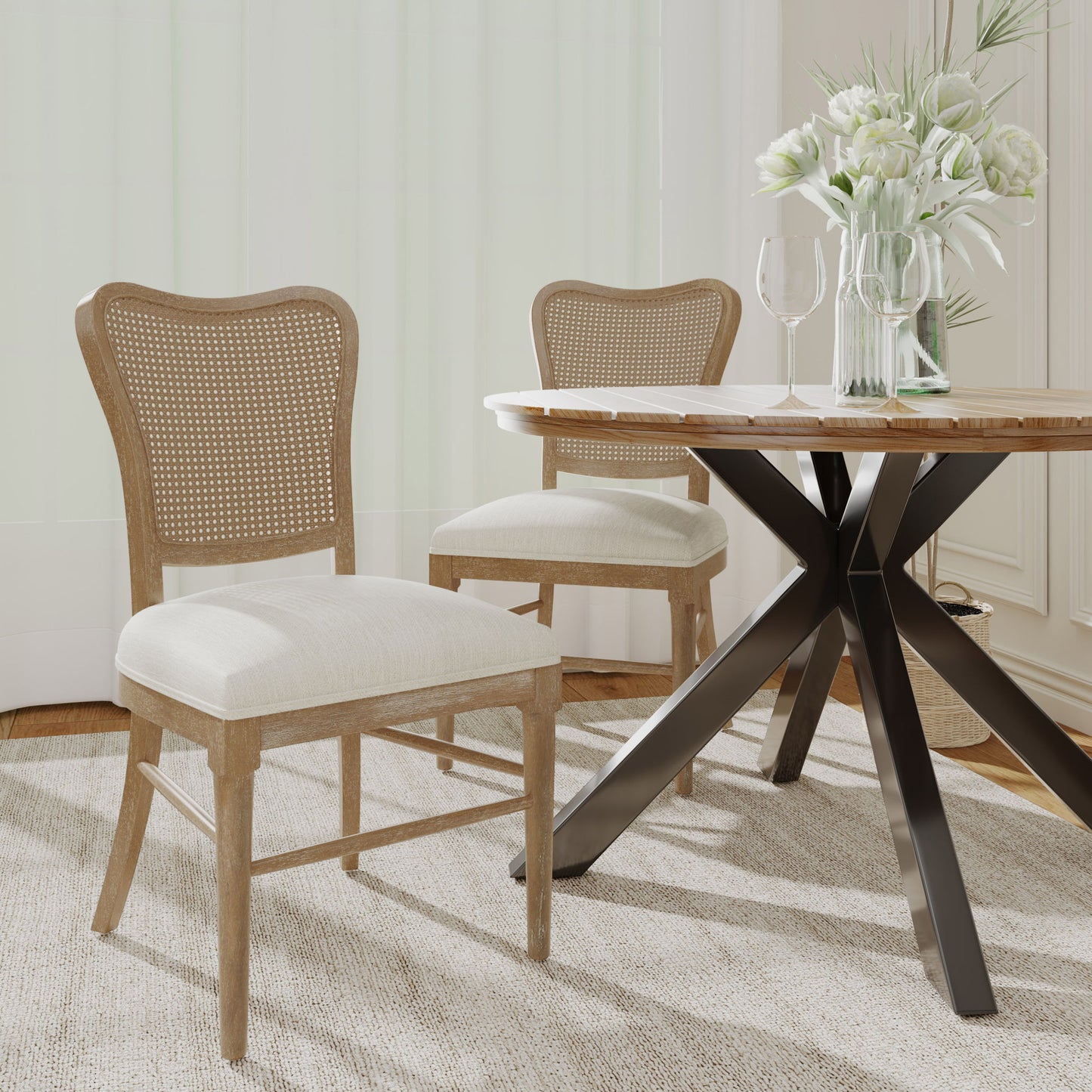 Classic Retro Dining Chair (Set of 2) With Rattan Backrest - Dark Brown / Beige Noble House