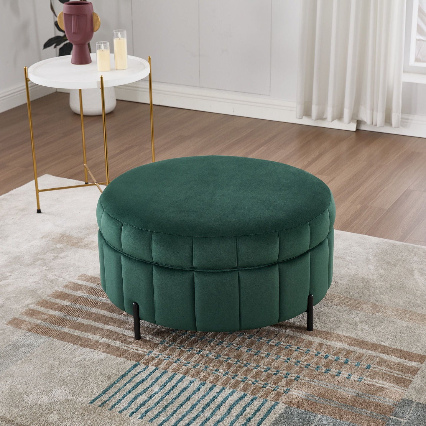 Upholstered Round Ottoman With Reversible Lid, Channel Tufted Pumpkin Shape Home Essentials