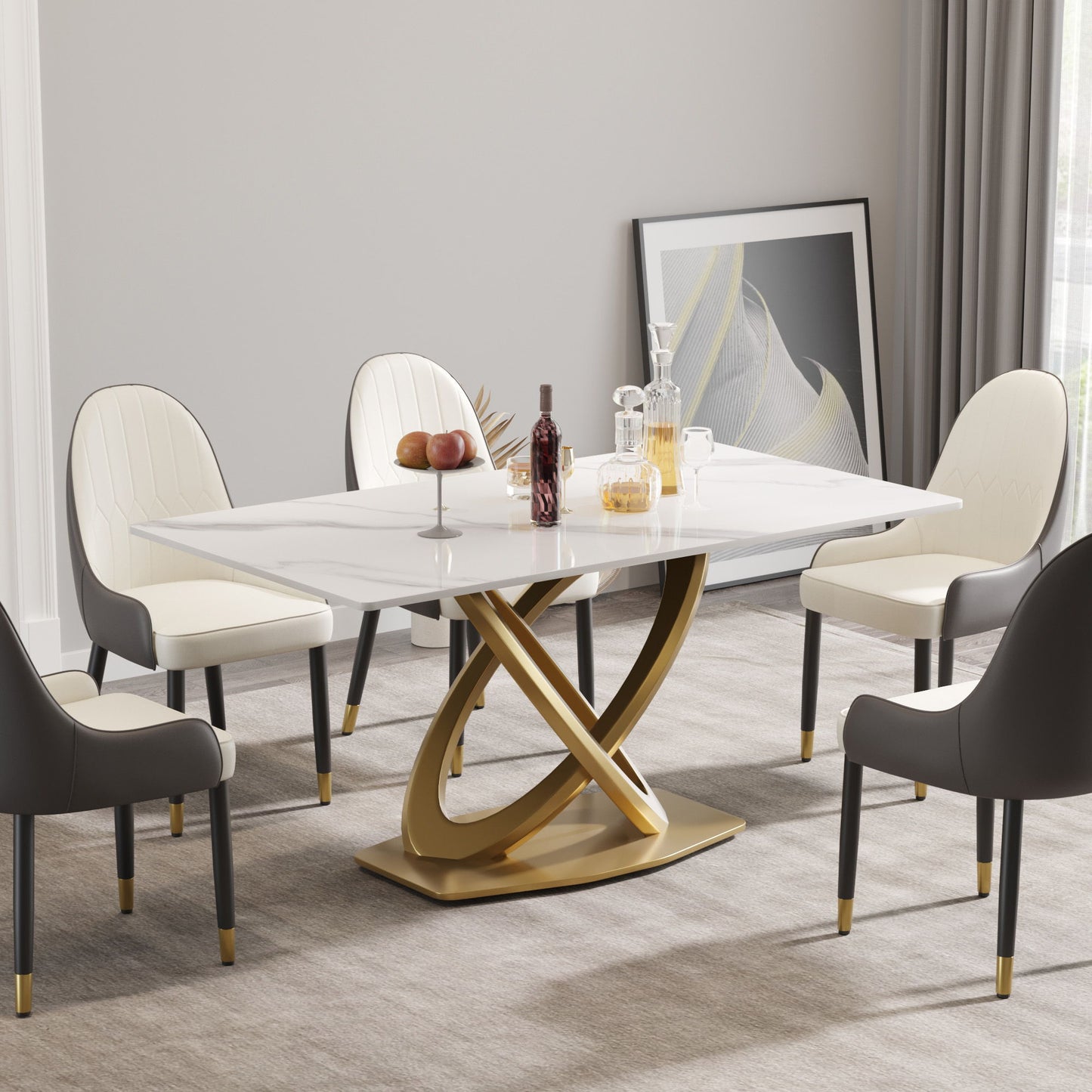 63" Modern Artificial Stone Panel Double-Ring Stainless Steel Metal Legs, Can Accommodate 6-8 People - White / Gold Home Essentials